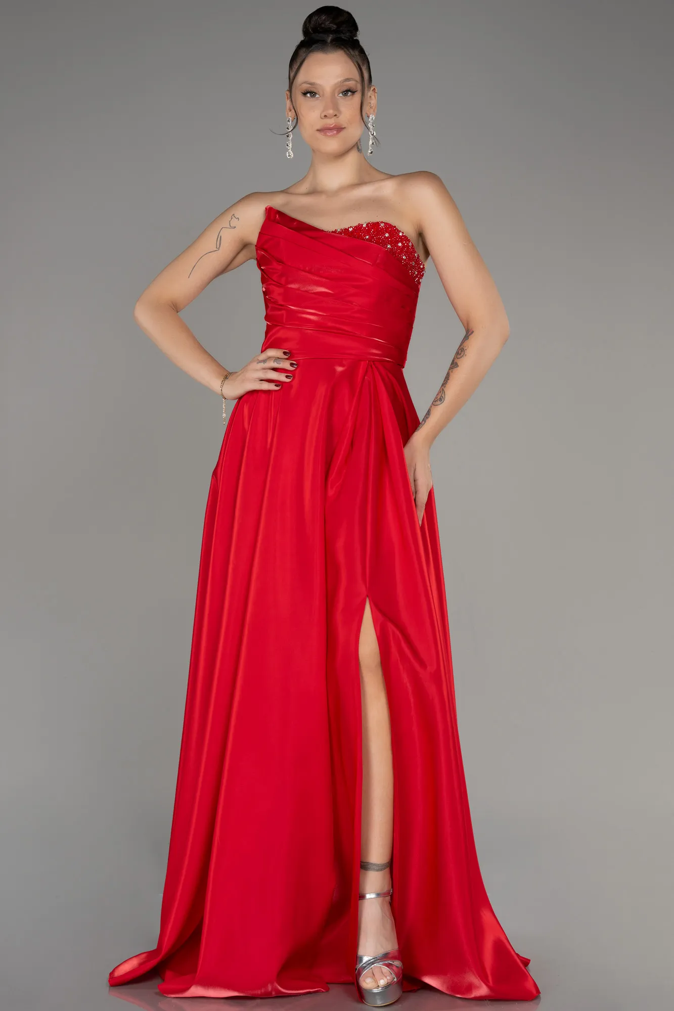 Red-Strapless Slit Long Prom Dress ABU4036