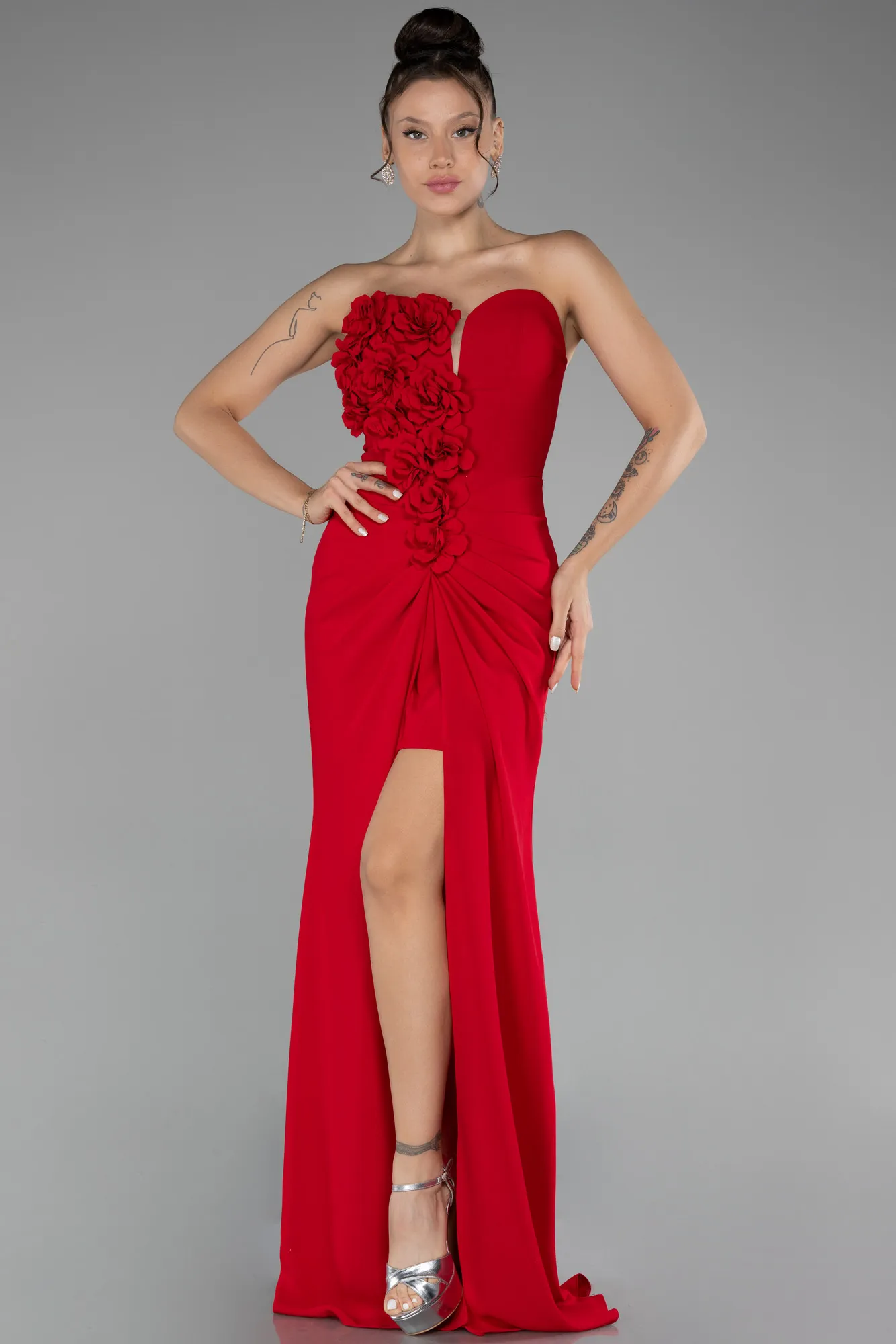 Red-Strapless Slit Long Prom Gown ABU4213