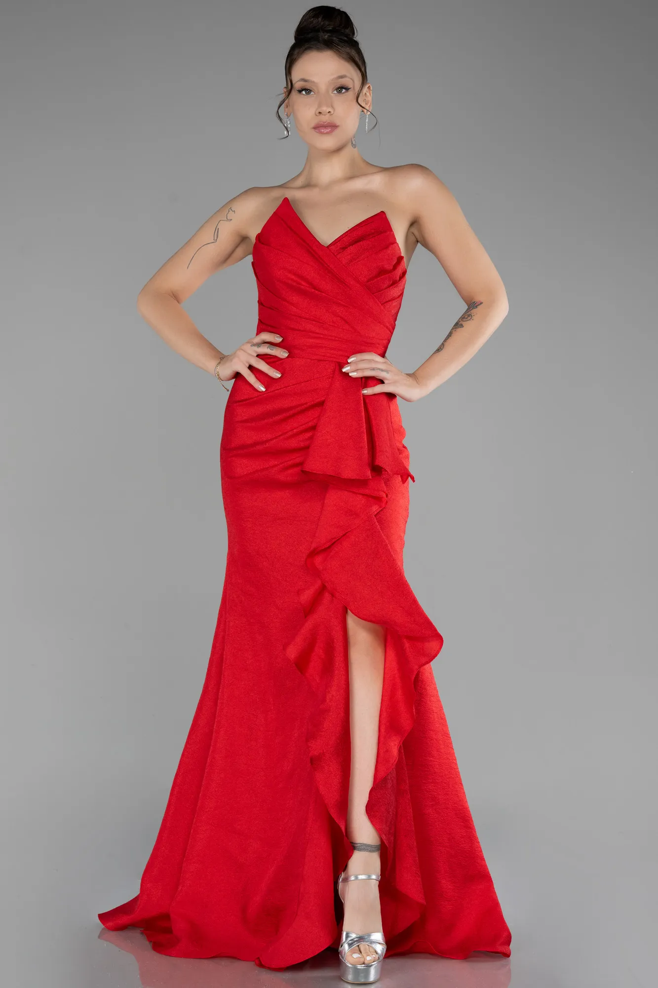 Red-Strapless Slit Long Prom Gown ABU4247