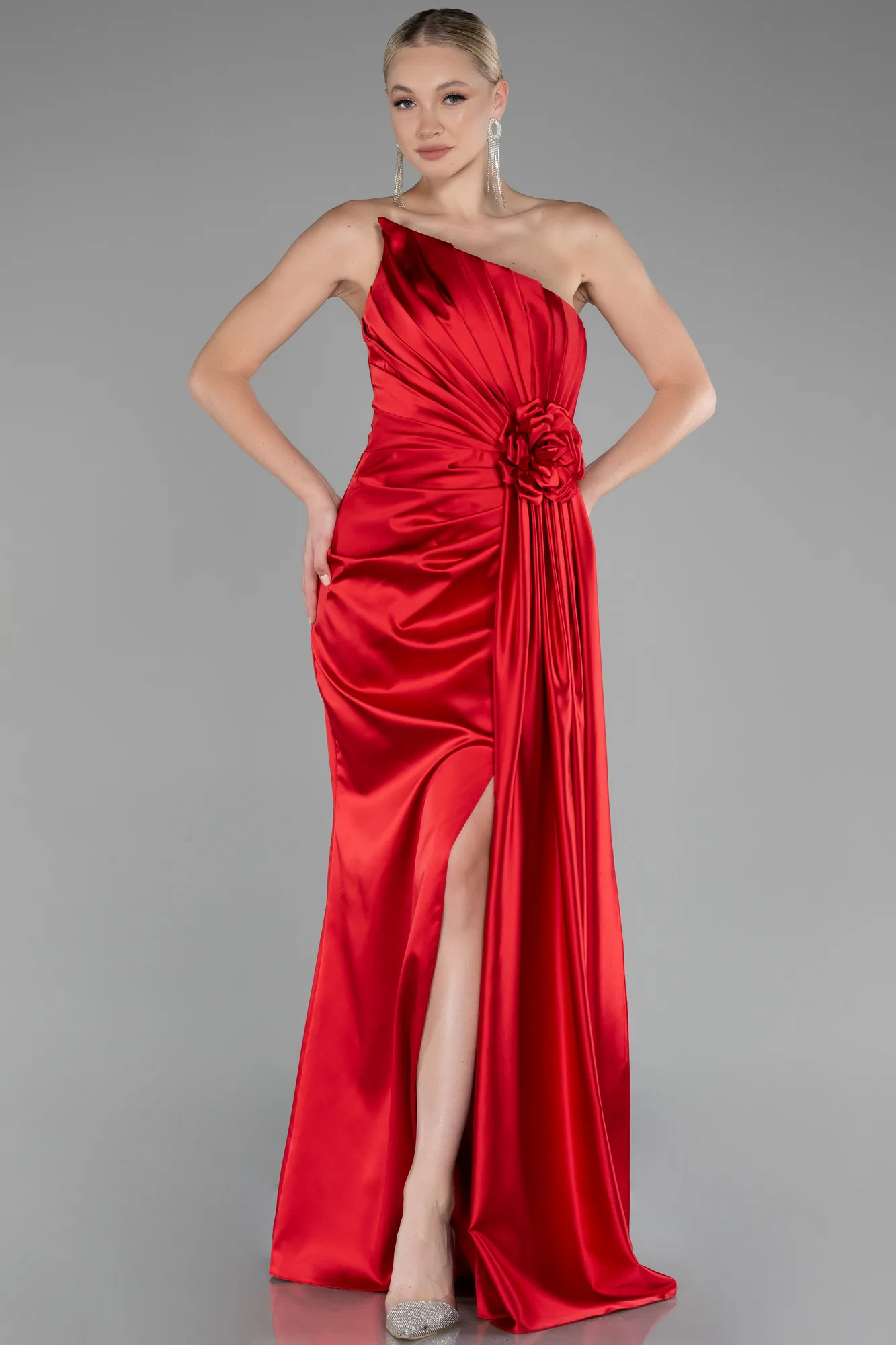 Red-Strapless Slit Long Satin Evening Dress ABU4174