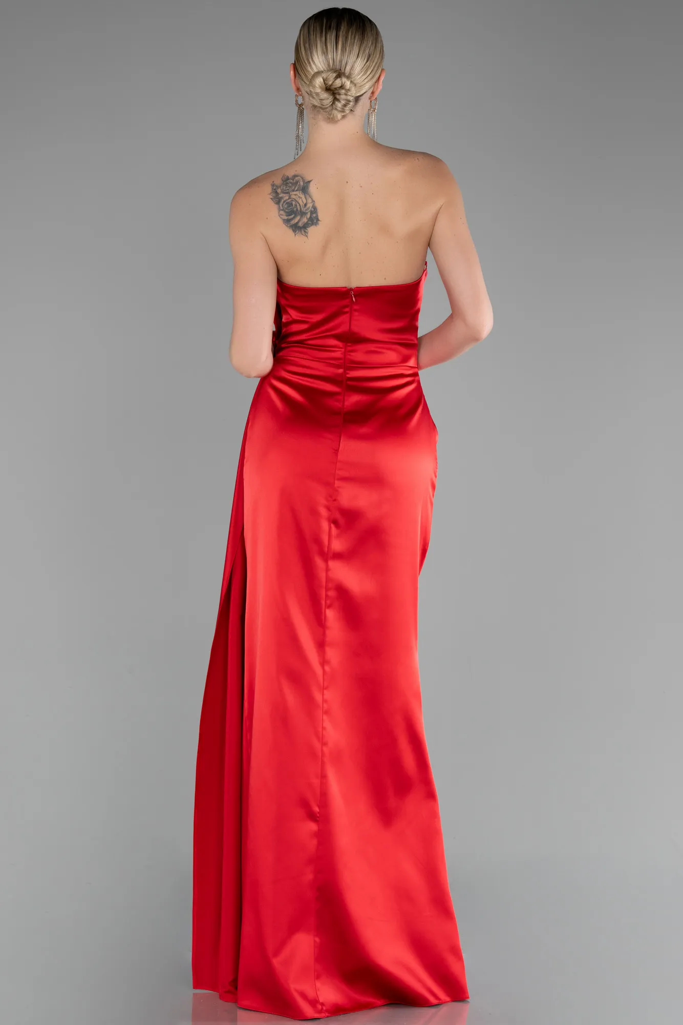 Red-Strapless Slit Long Satin Evening Dress ABU4174