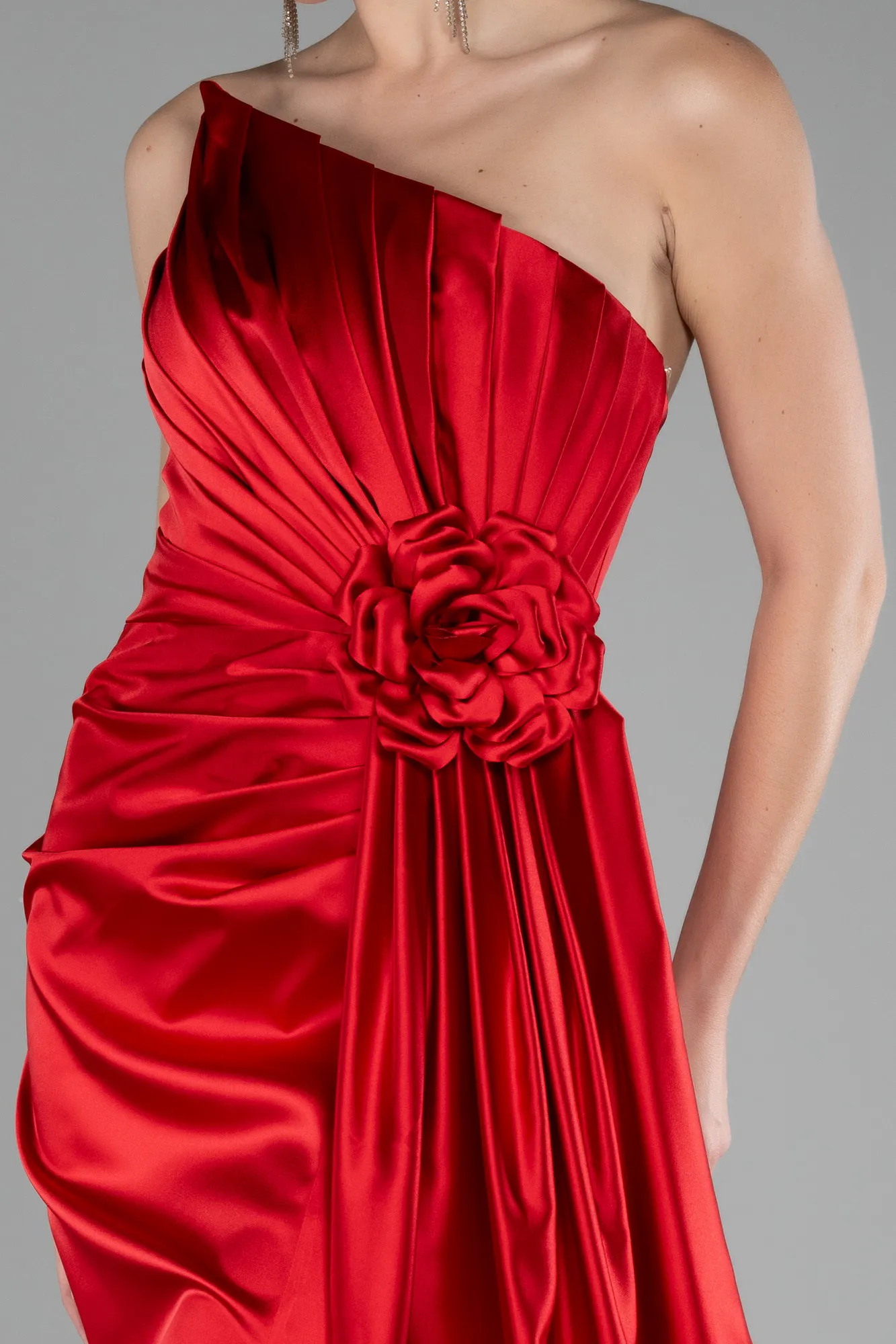 Red-Strapless Slit Long Satin Evening Dress ABU4174