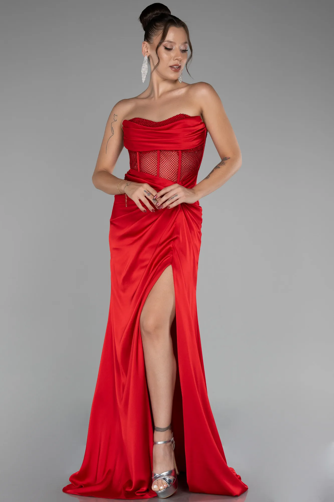 Red-Strapless Slit Long Satin Evening Gown ABU4155