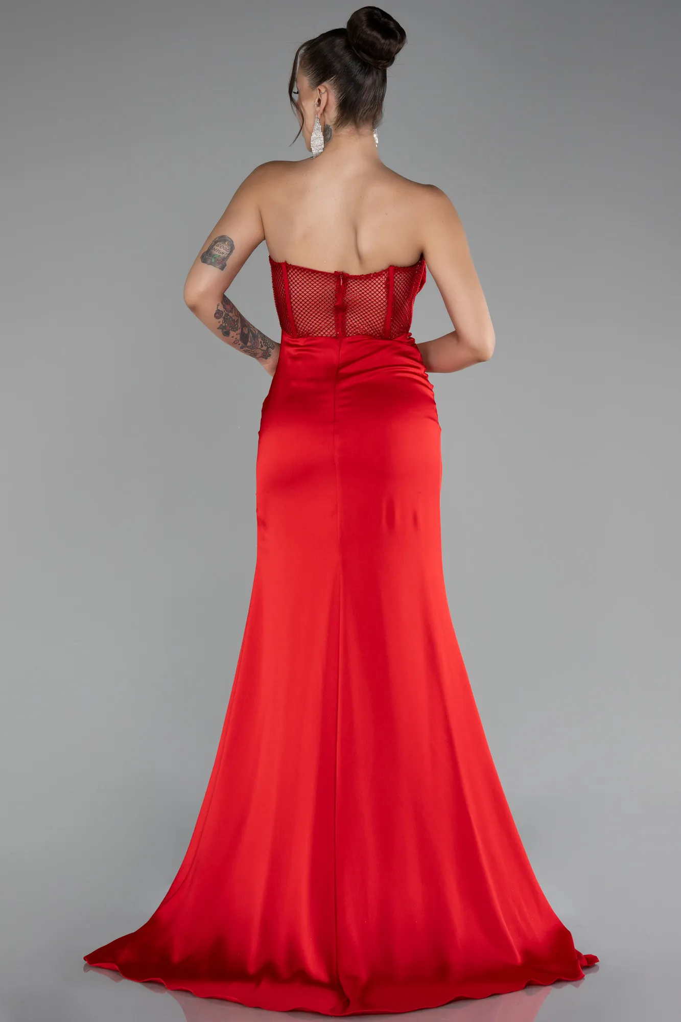 Red-Strapless Slit Long Satin Evening Gown ABU4155