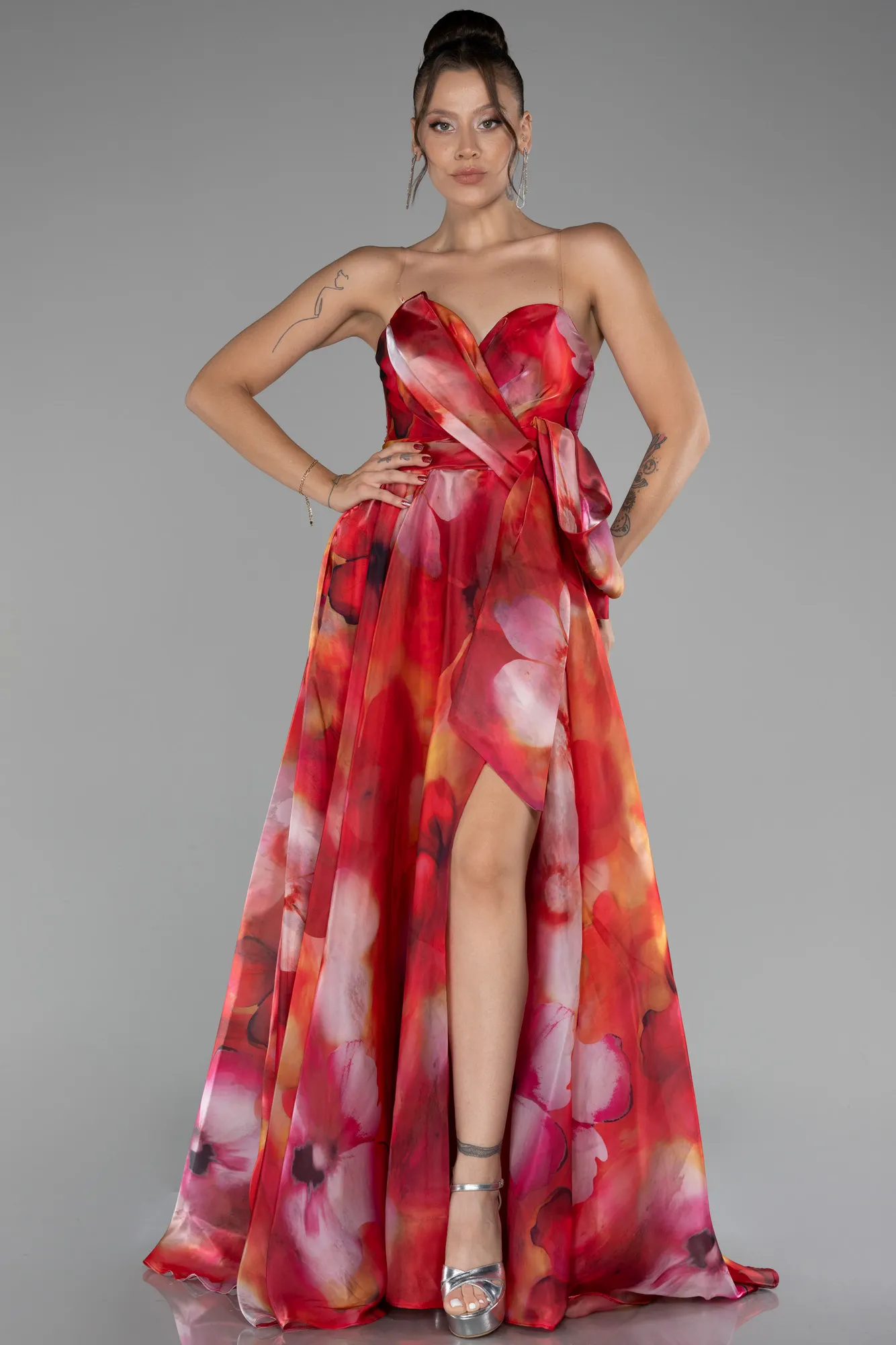 Red-Strapless Slit Long Satin Printed Prom Gown ABU4157