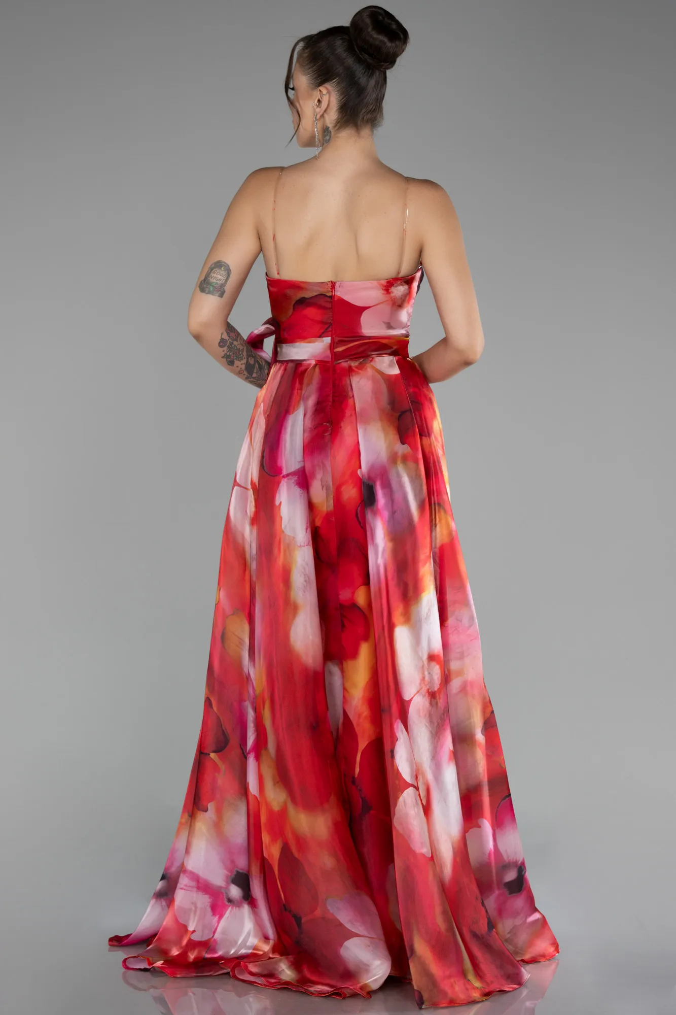 Red-Strapless Slit Long Satin Printed Prom Gown ABU4157