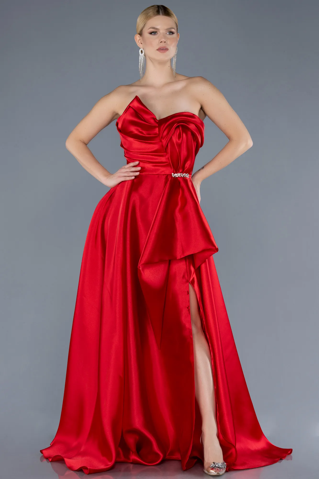 Red-Strapless Slit Long Satin Prom Dress ABU4561