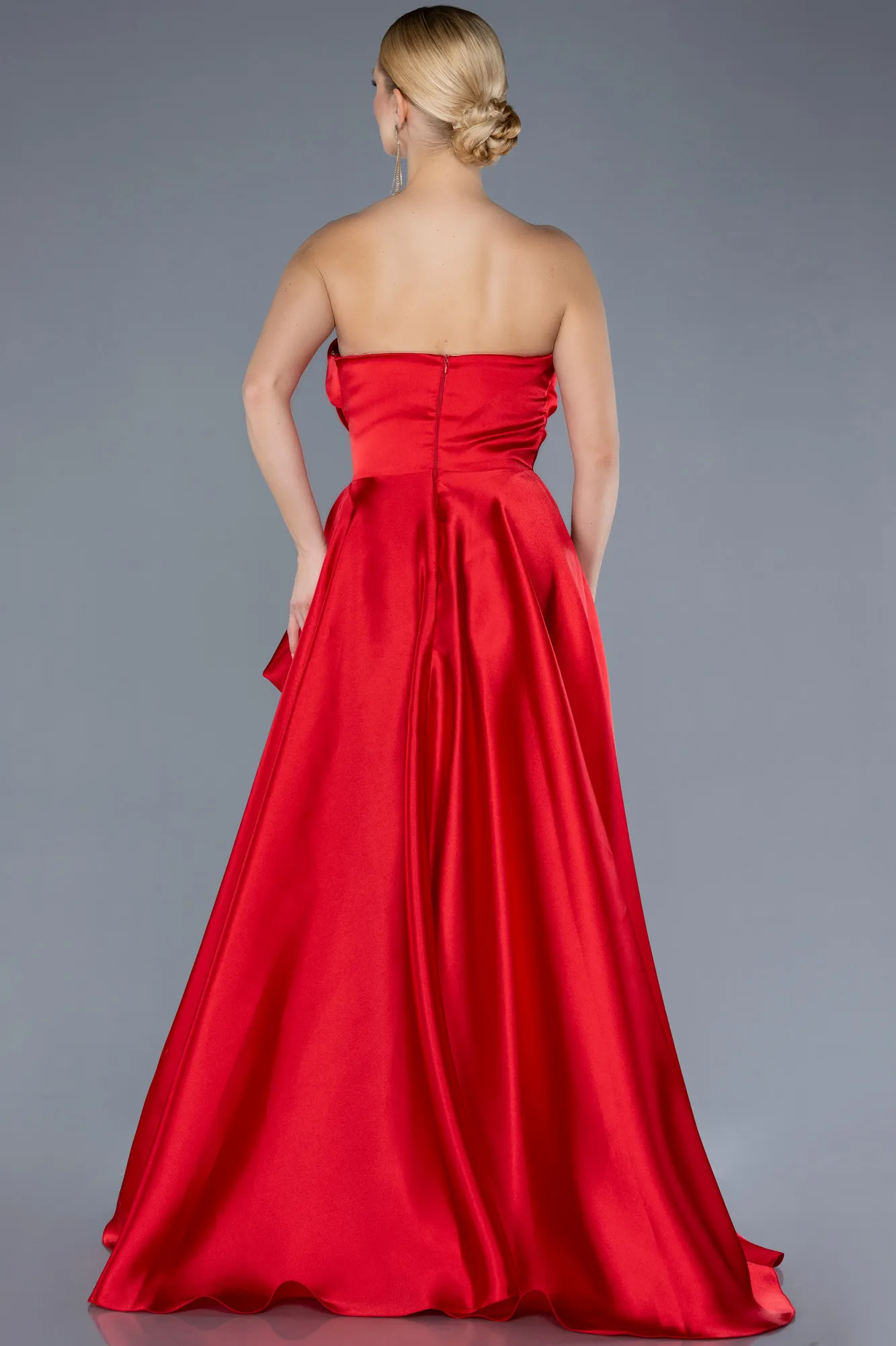 Red-Strapless Slit Long Satin Prom Dress ABU4561