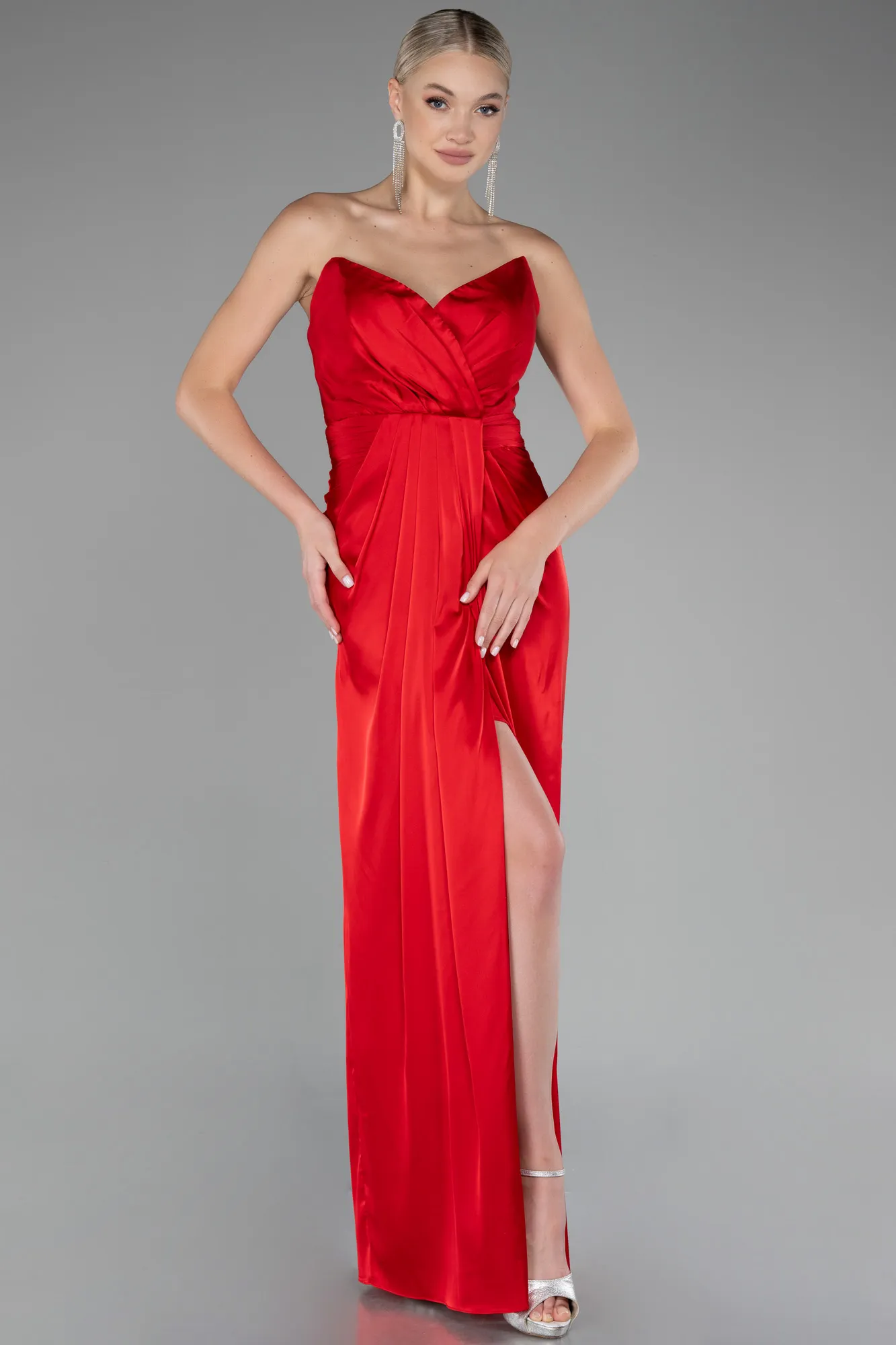 Red-Strapless Slit Long Satin Prom Gown ABU4071