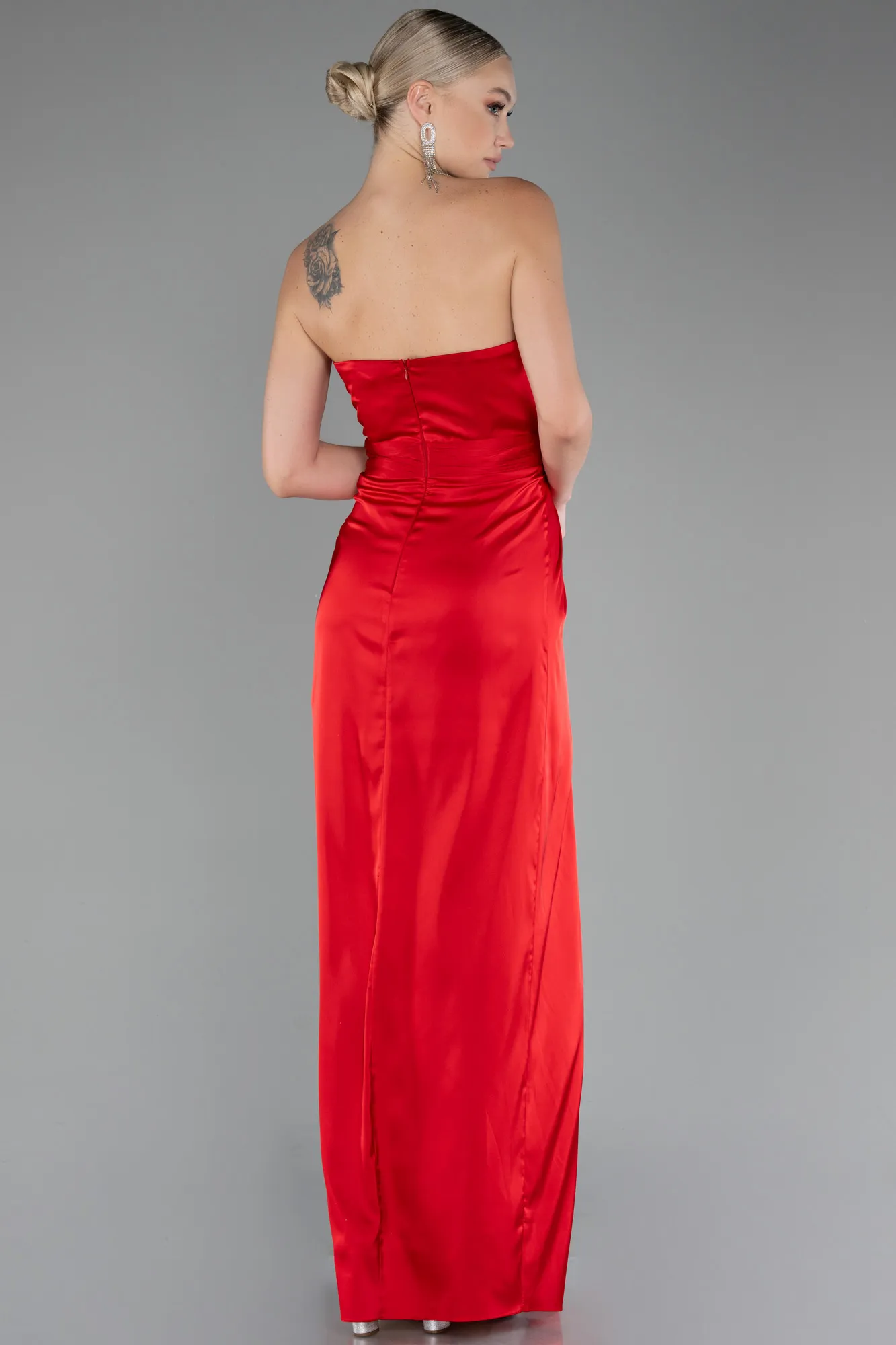 Red-Strapless Slit Long Satin Prom Gown ABU4071