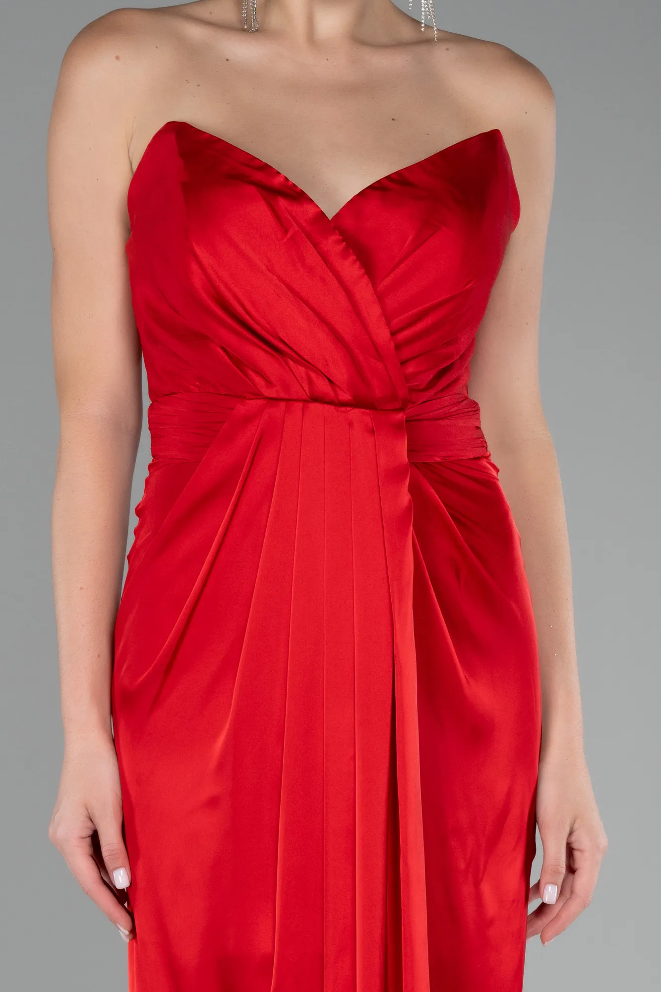 Red-Strapless Slit Long Satin Prom Gown ABU4071