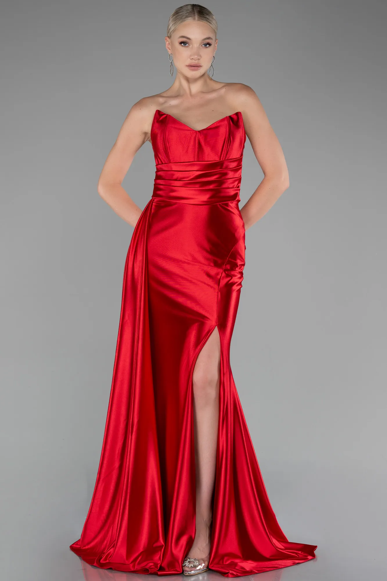 Red-Strapless Slit Long Satin Prom Gown ABU4072