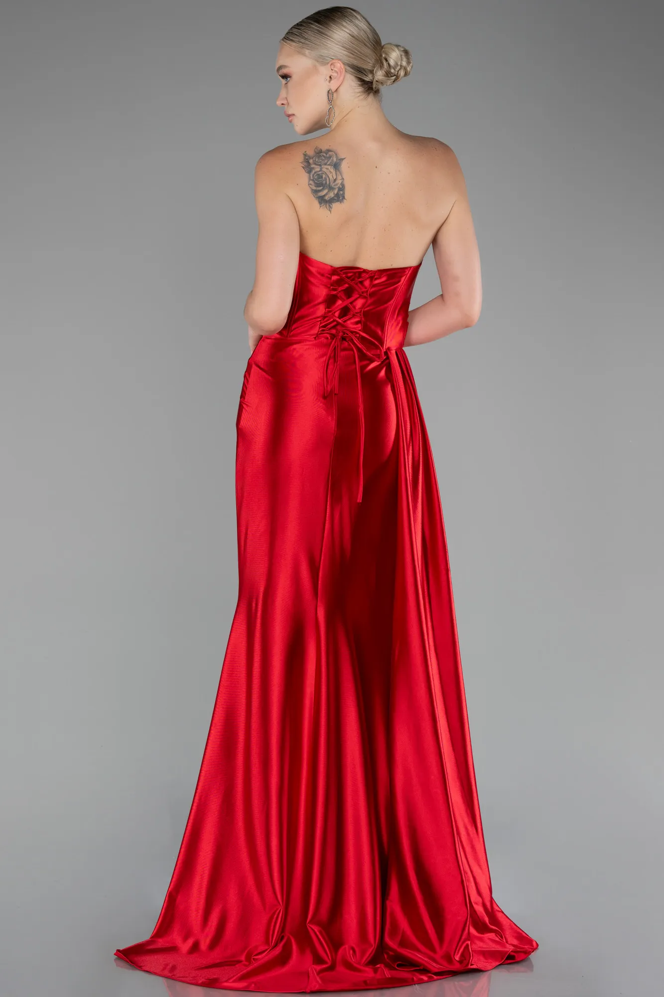 Red-Strapless Slit Long Satin Prom Gown ABU4072