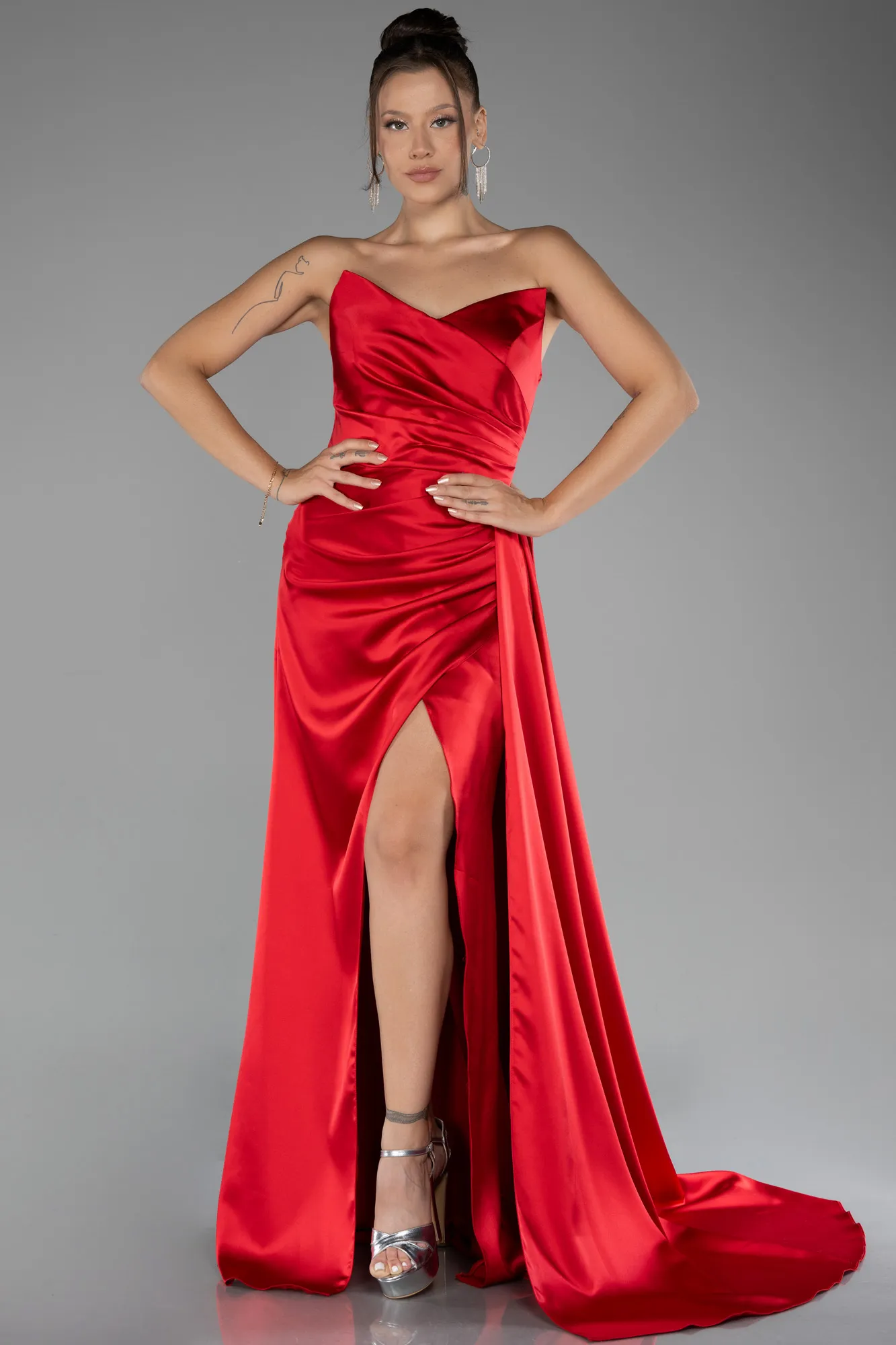 Red-Strapless Slit Long Satin Prom Gown ABU4093