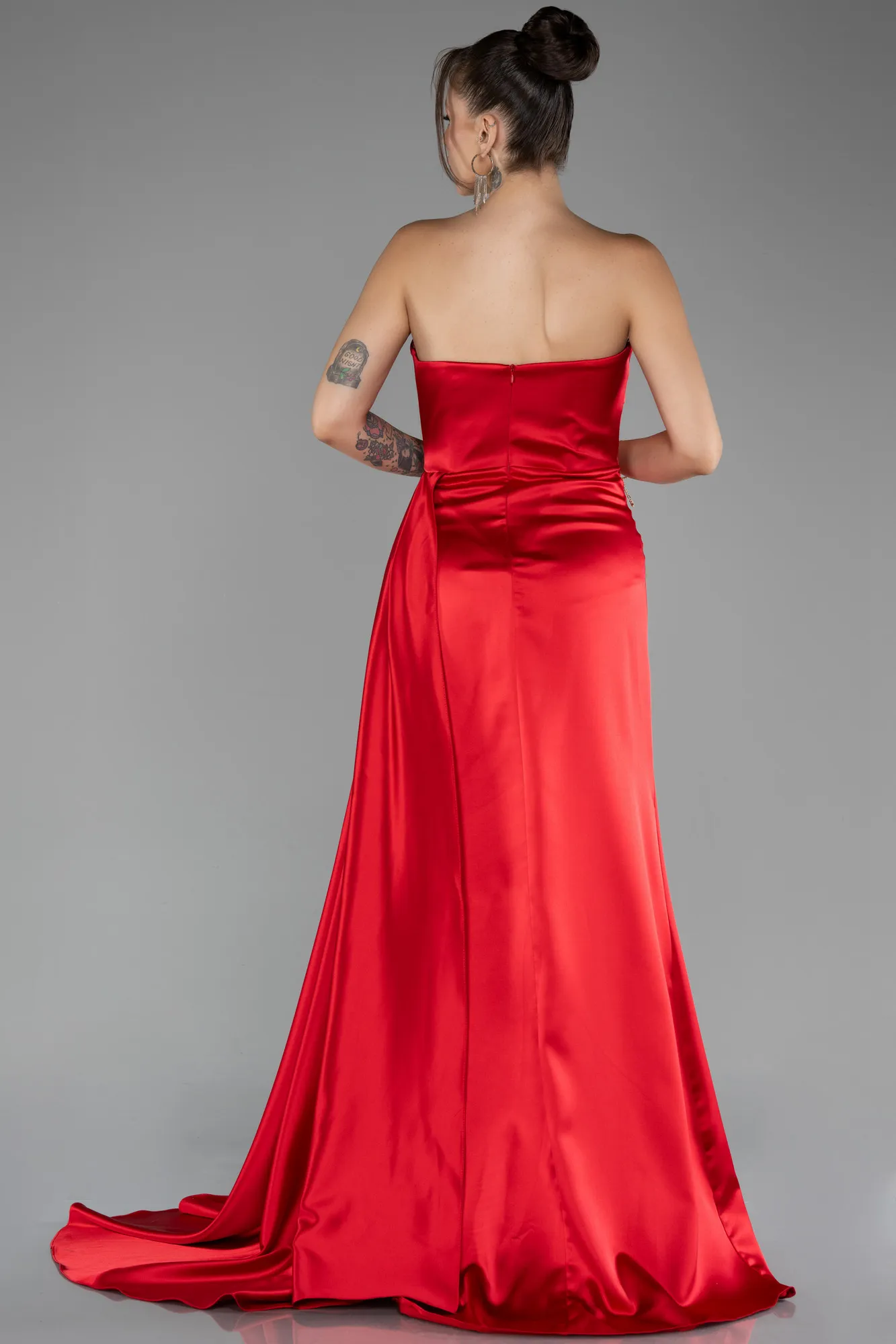 Red-Strapless Slit Long Satin Prom Gown ABU4093