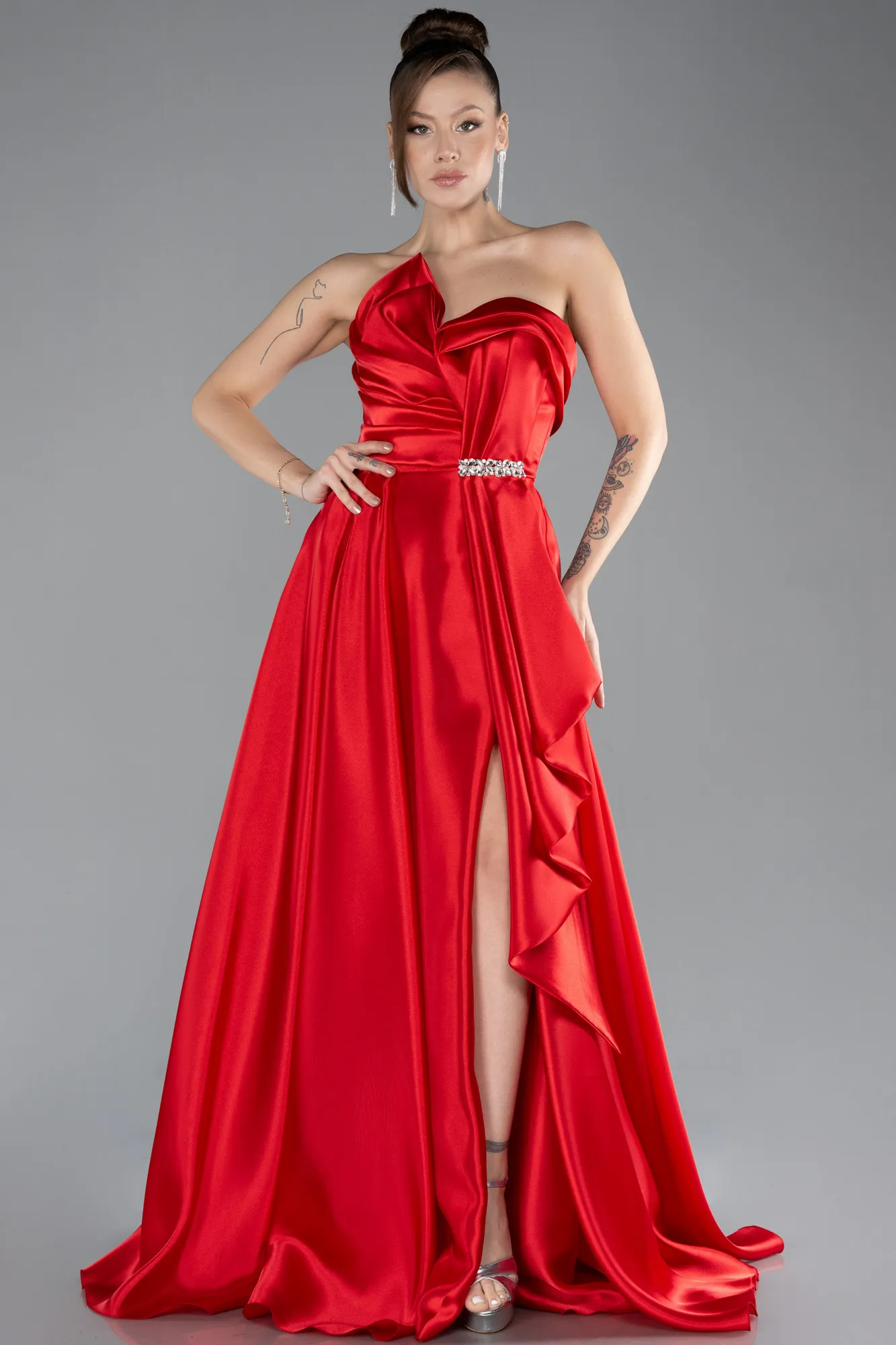 Red-Strapless Slit Long Satin Prom Gown ABU4522