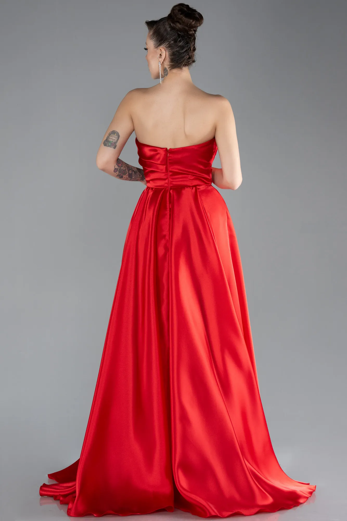 Red-Strapless Slit Long Satin Prom Gown ABU4522