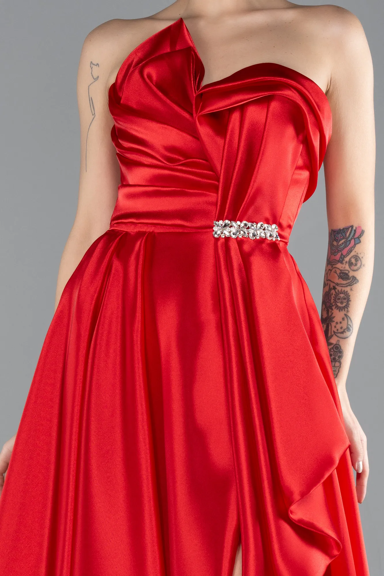 Red-Strapless Slit Long Satin Prom Gown ABU4522