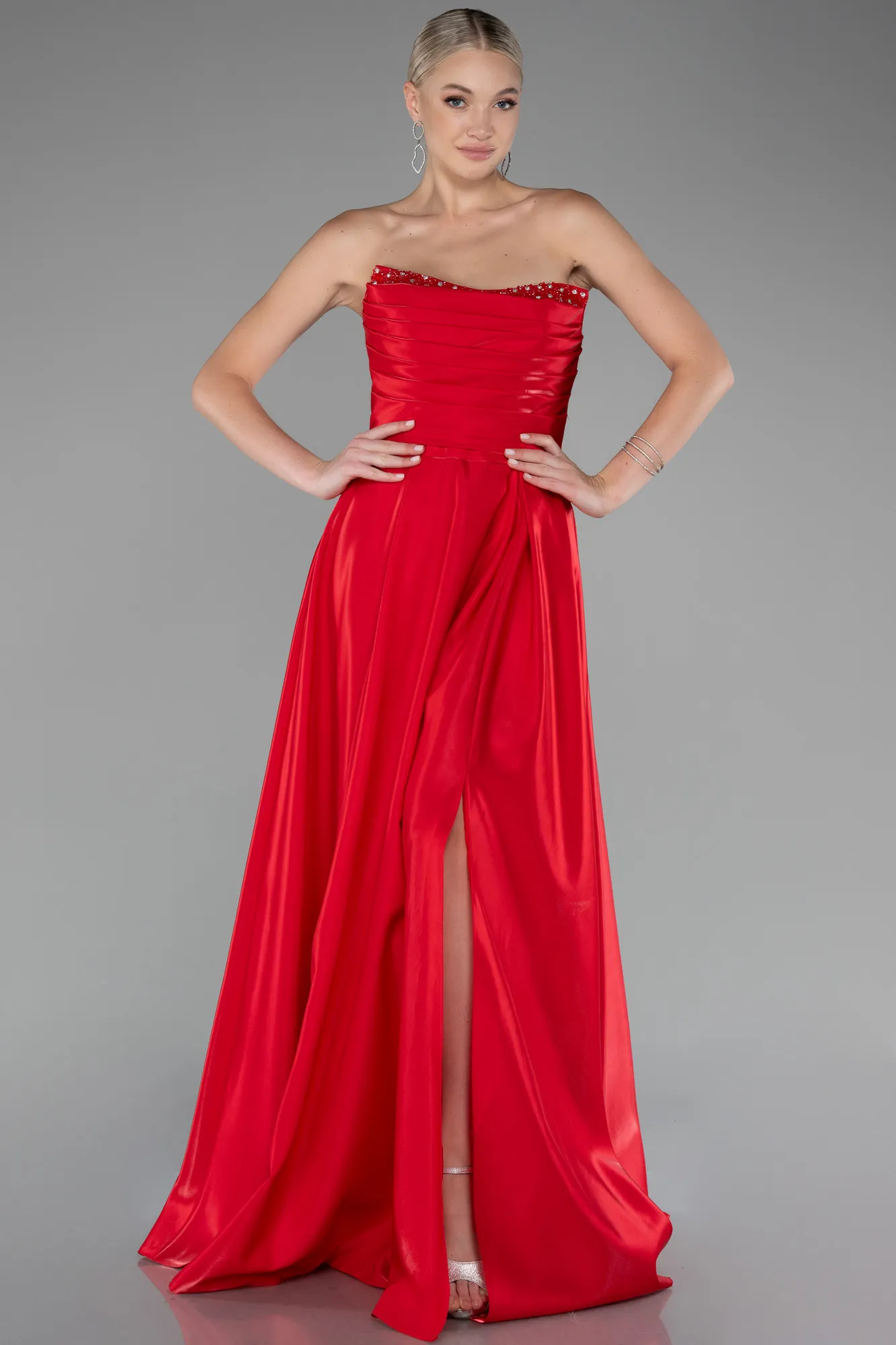 Red-Strapless Slit Long Stin Prom Dress ABU4013