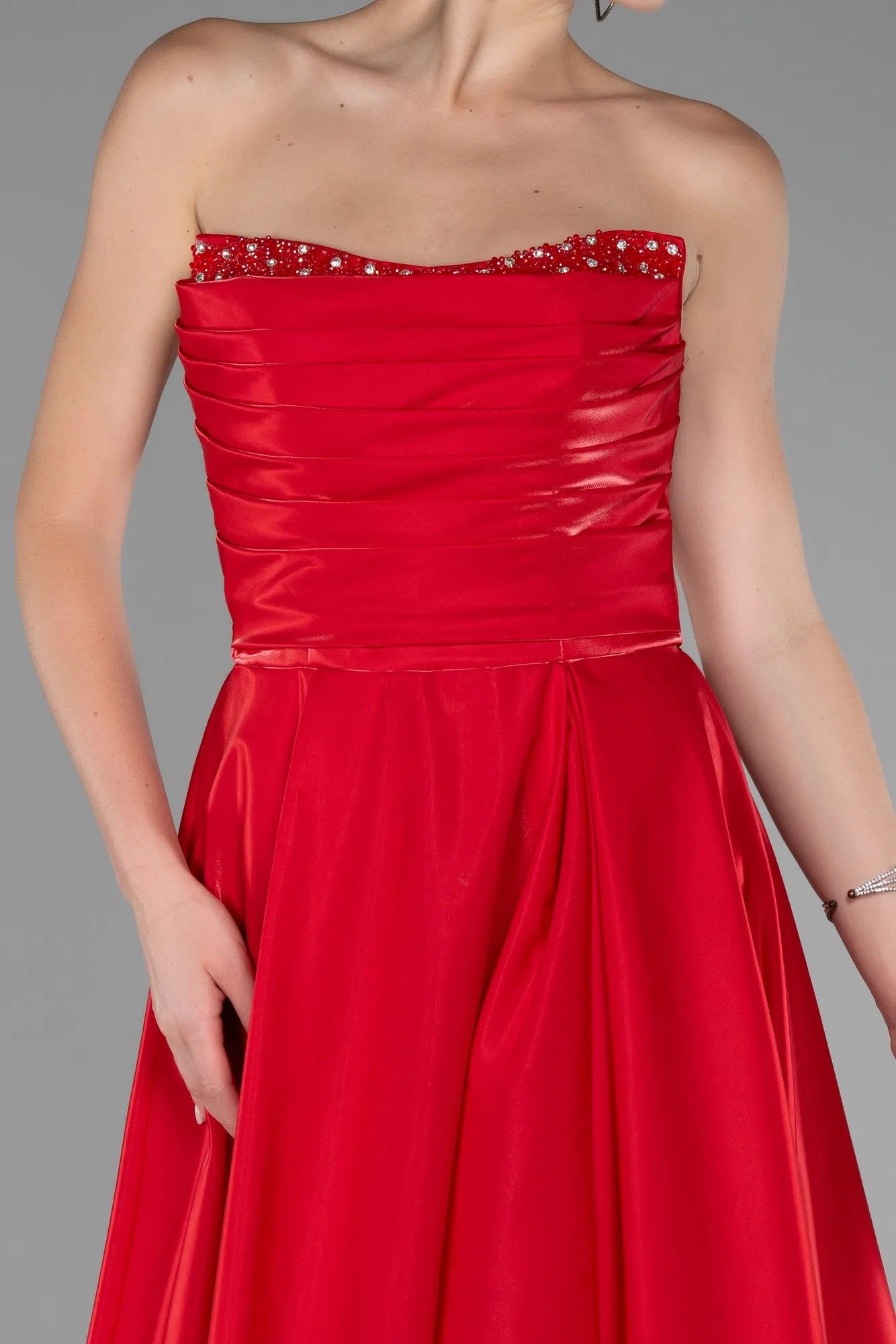 Red-Strapless Slit Long Stin Prom Dress ABU4013