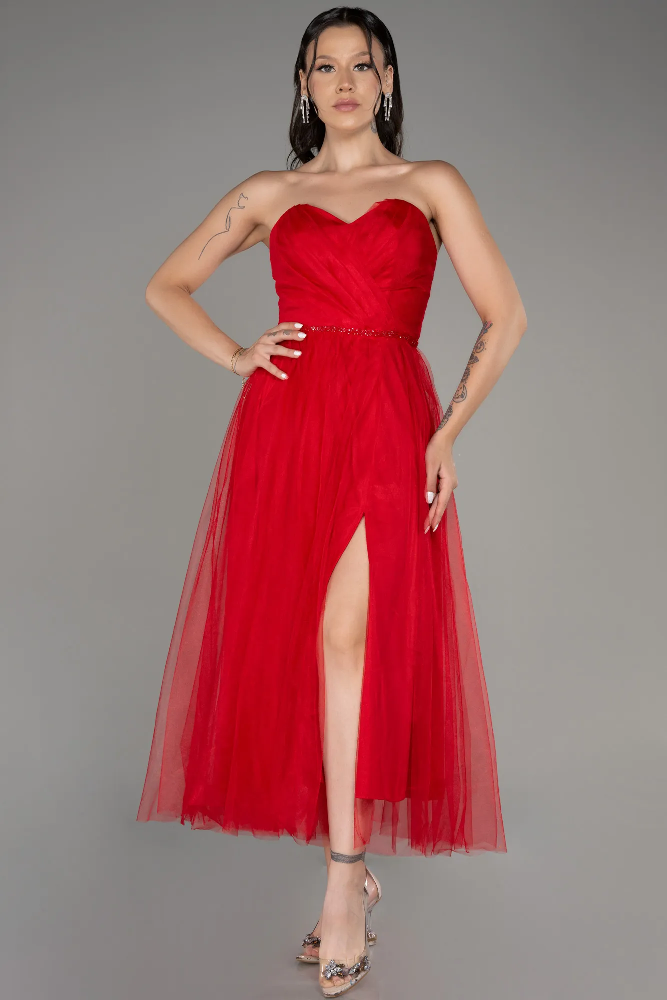 Red-Strapless Slit Midi Cocktail Dress ABK2099