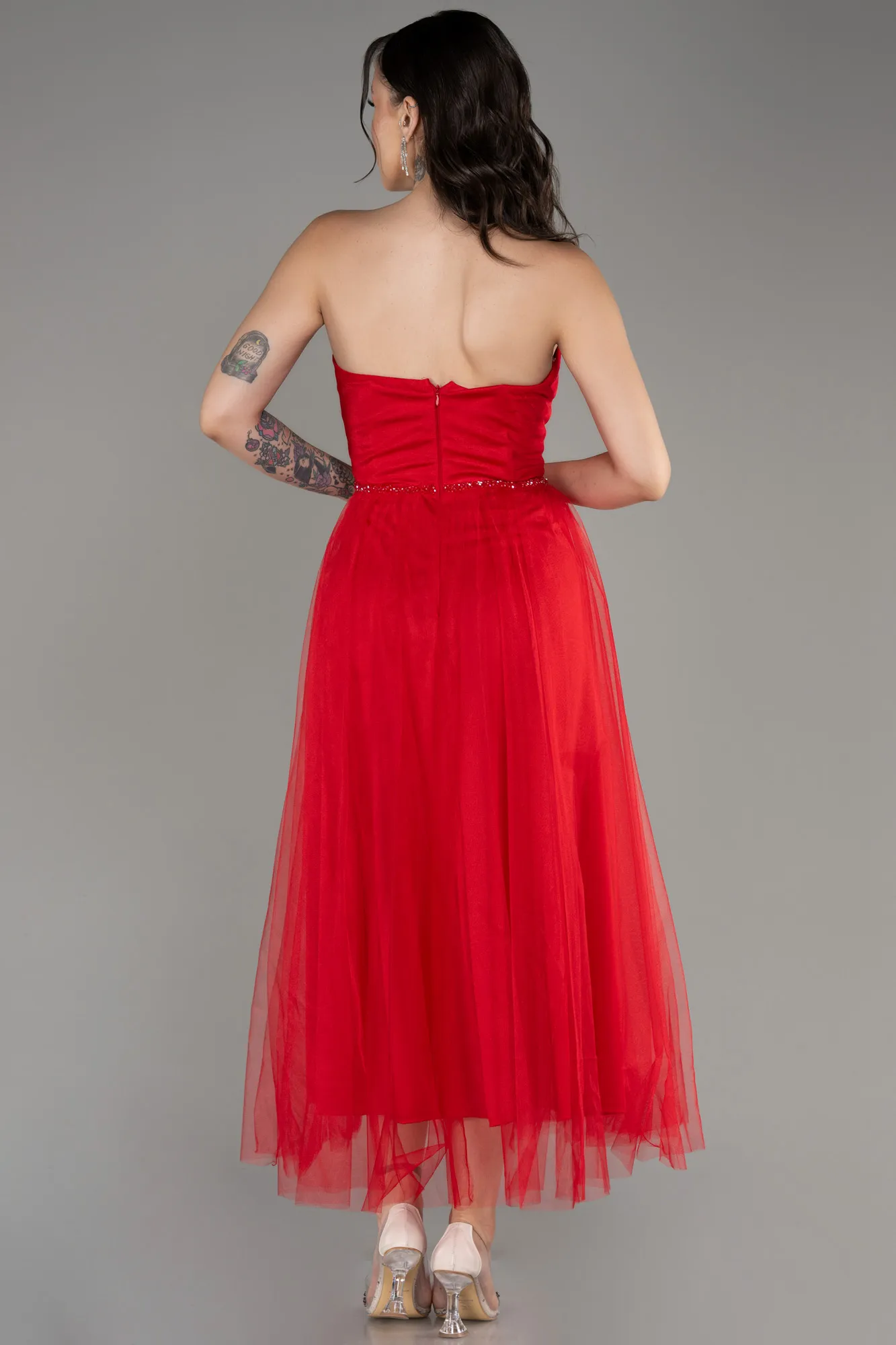 Red-Strapless Slit Midi Cocktail Dress ABK2099