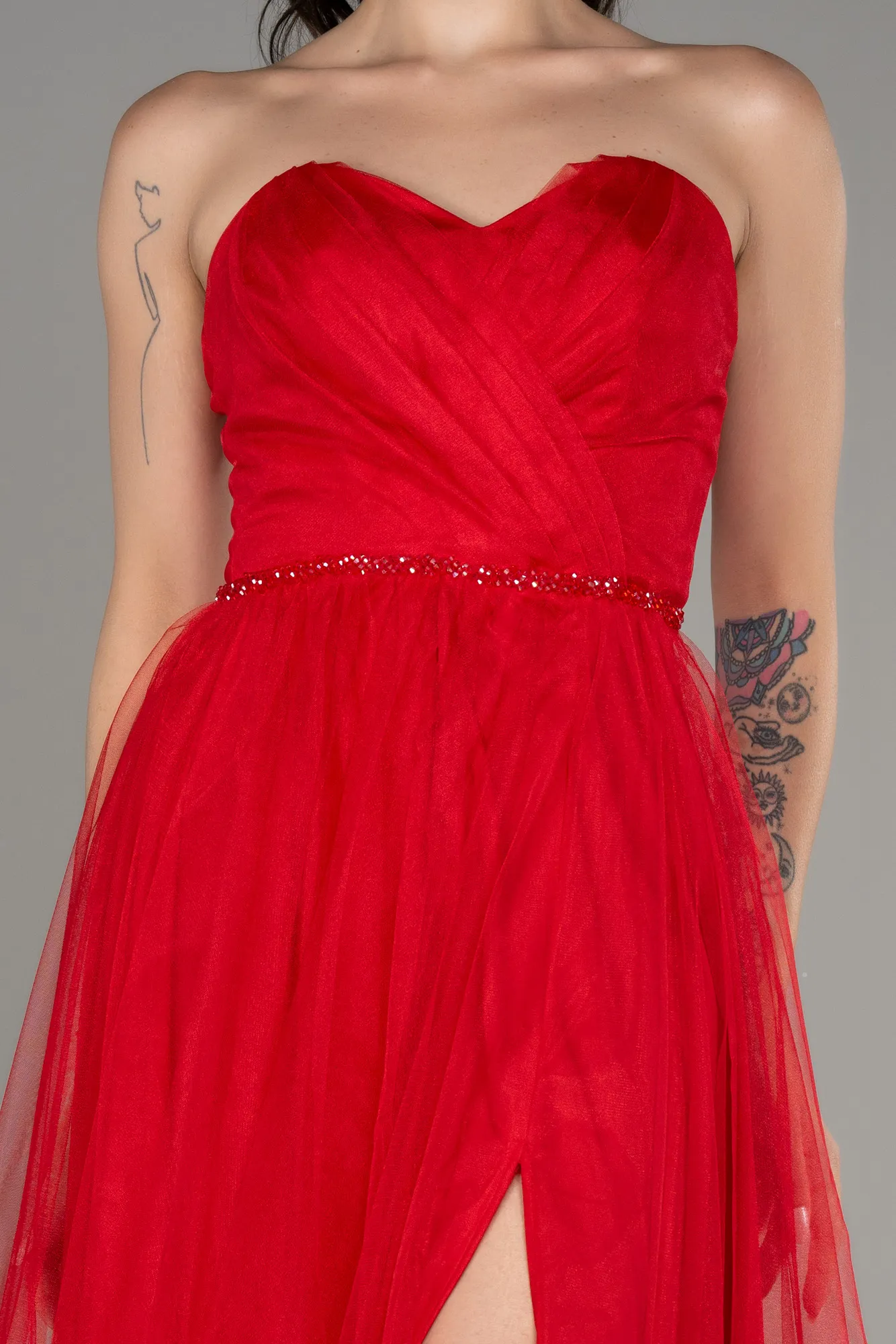 Red-Strapless Slit Midi Cocktail Dress ABK2099