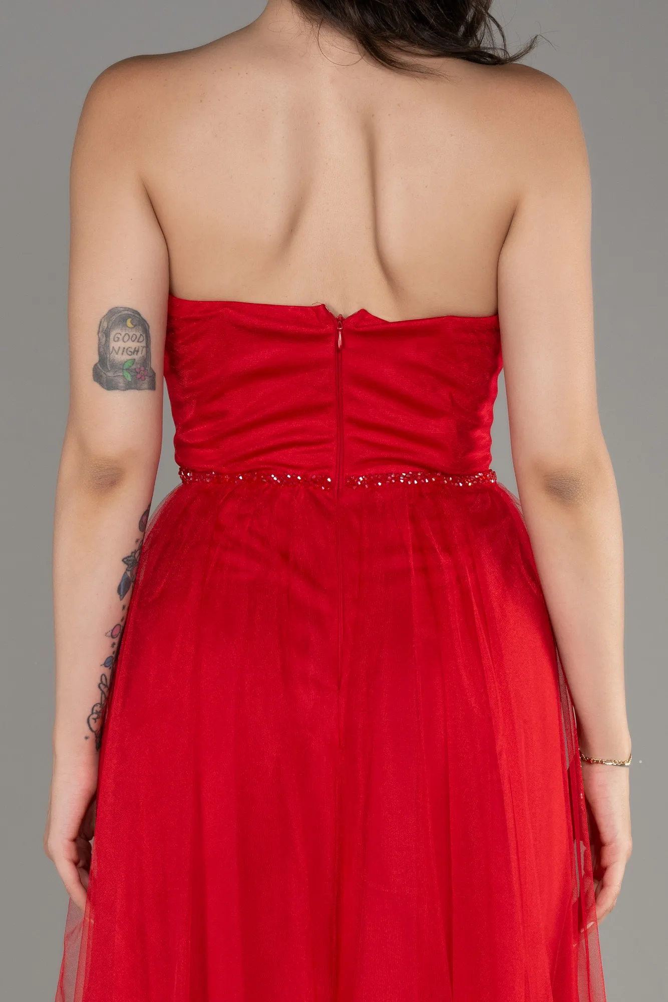 Red-Strapless Slit Midi Cocktail Dress ABK2099