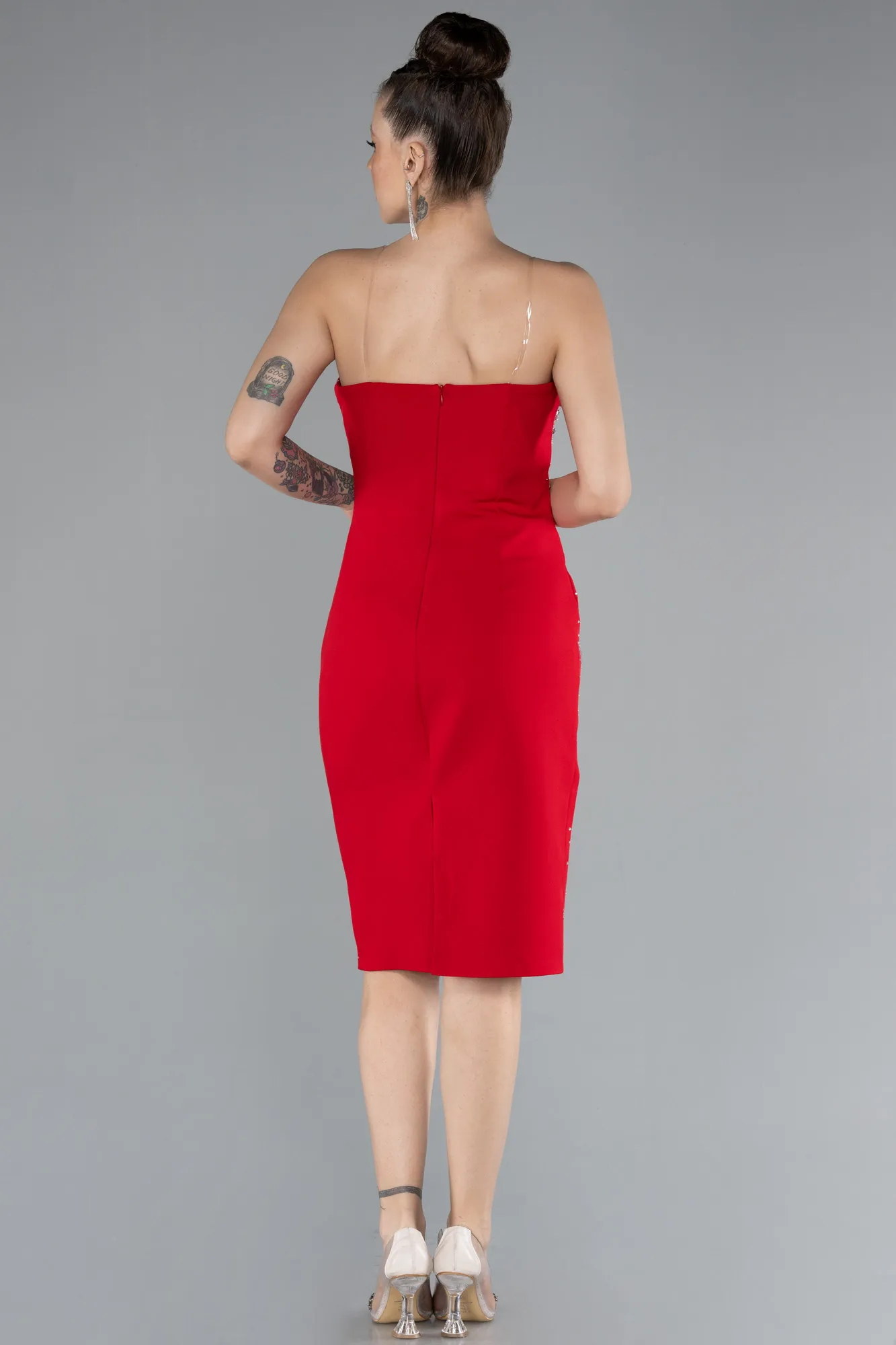 Red-Strapless Stone Midi Cocktail Dress ABK2211