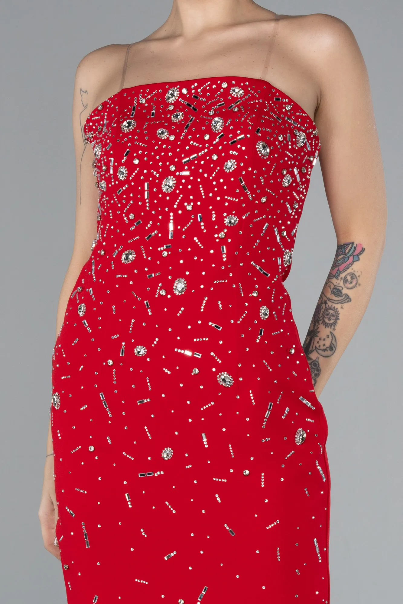 Red-Strapless Stone Midi Cocktail Dress ABK2211