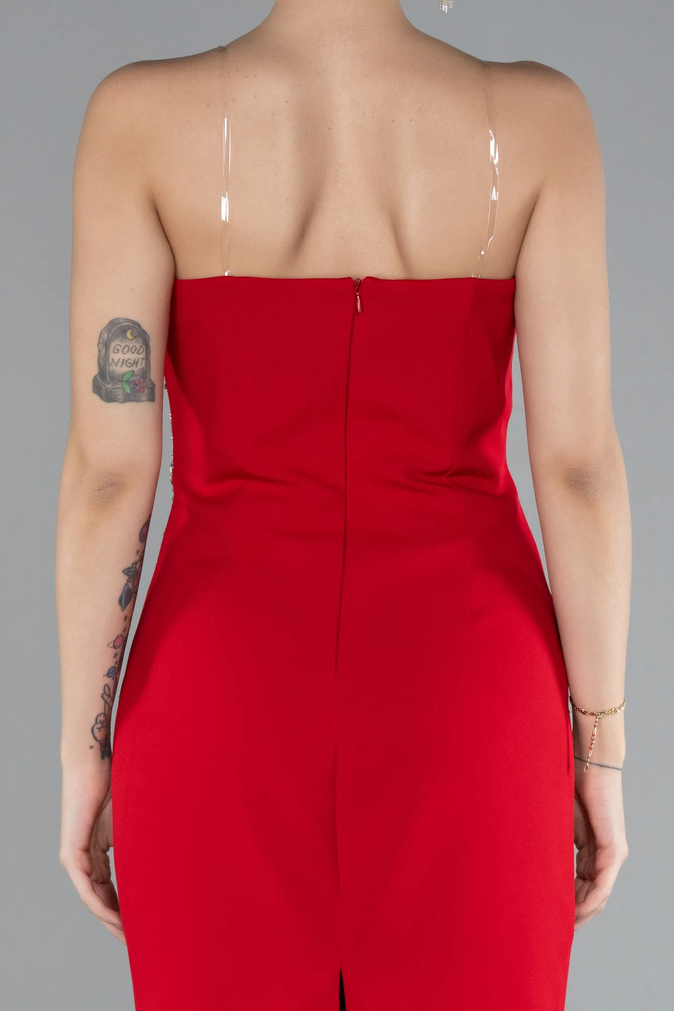 Red-Strapless Stone Midi Cocktail Dress ABK2211