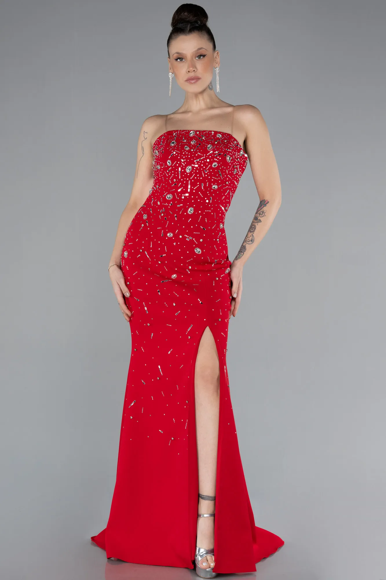 Red-Strapless Stoned Slit Long Evening Gown ABU4535