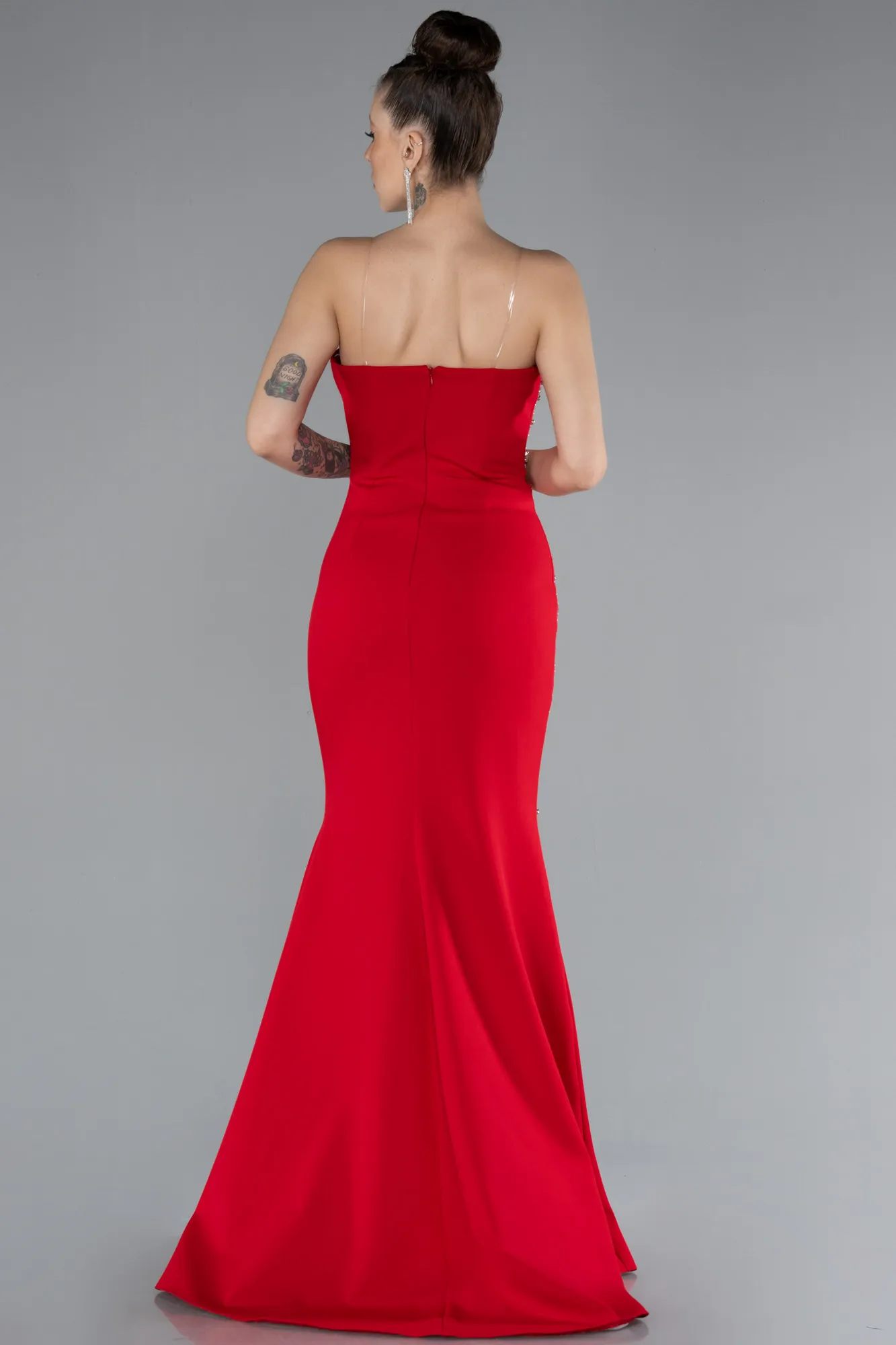 Red-Strapless Stoned Slit Long Evening Gown ABU4535