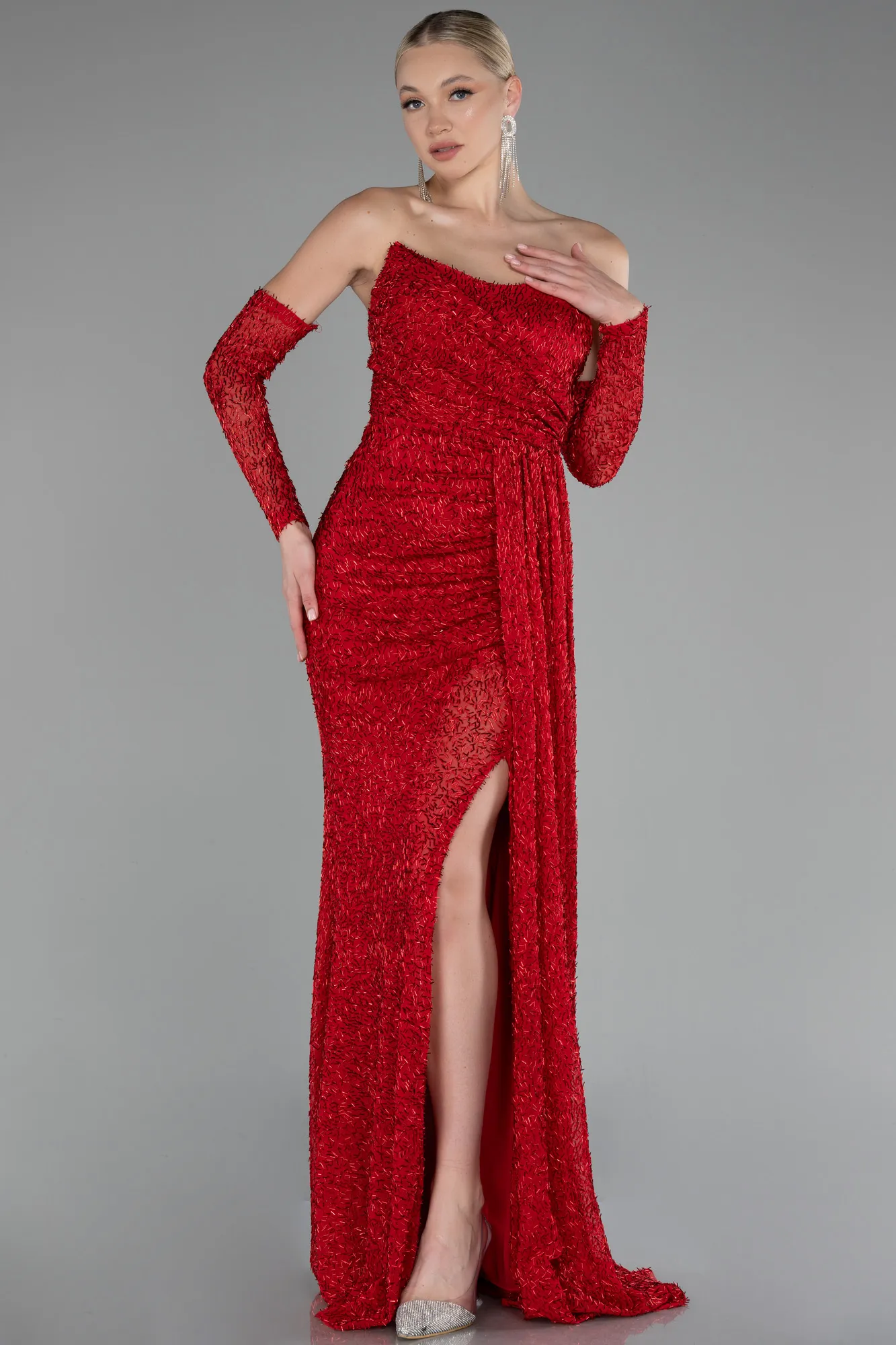 Red-Strapless Stony Long Slit Prom Gown ABU4163