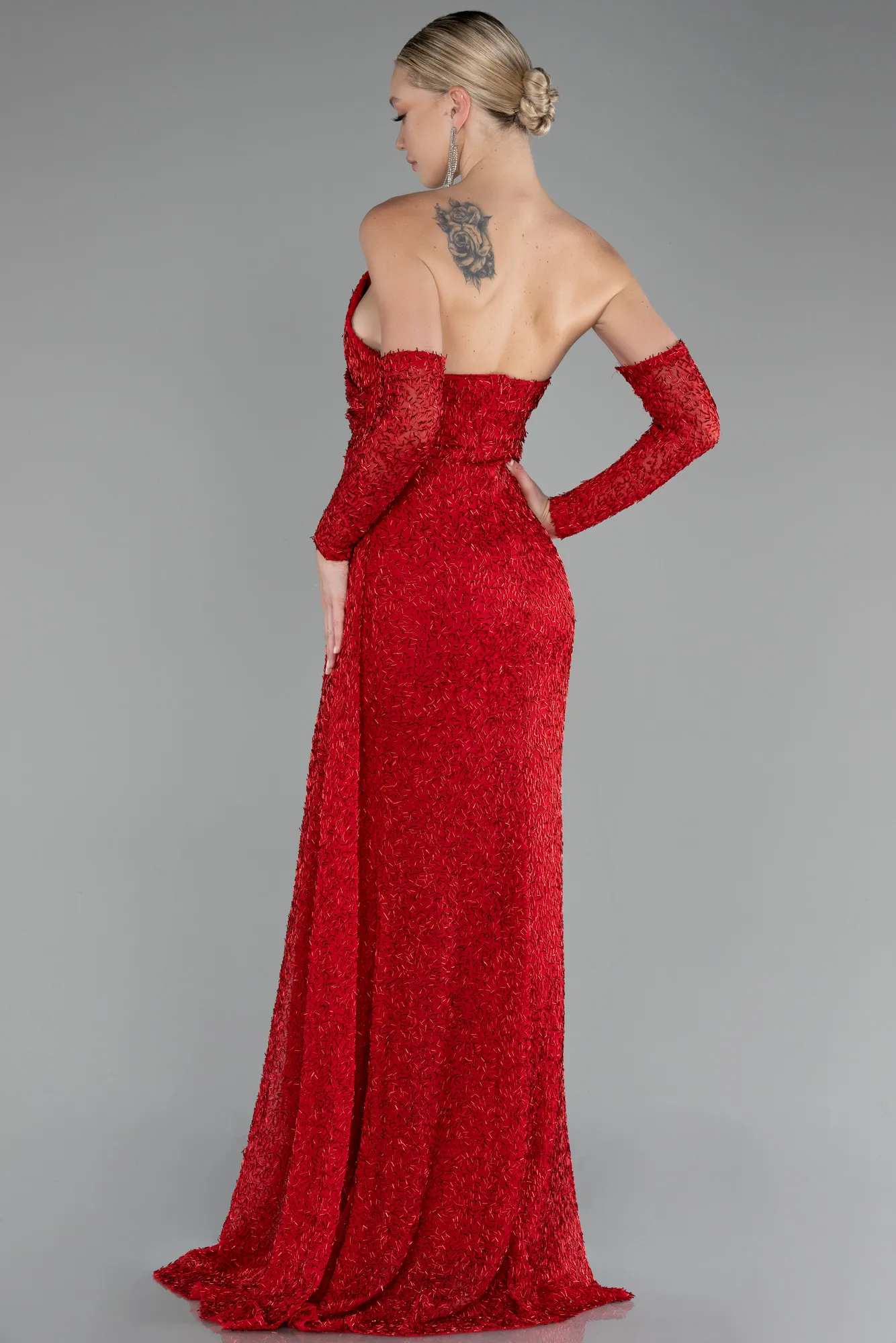 Red-Strapless Stony Long Slit Prom Gown ABU4163