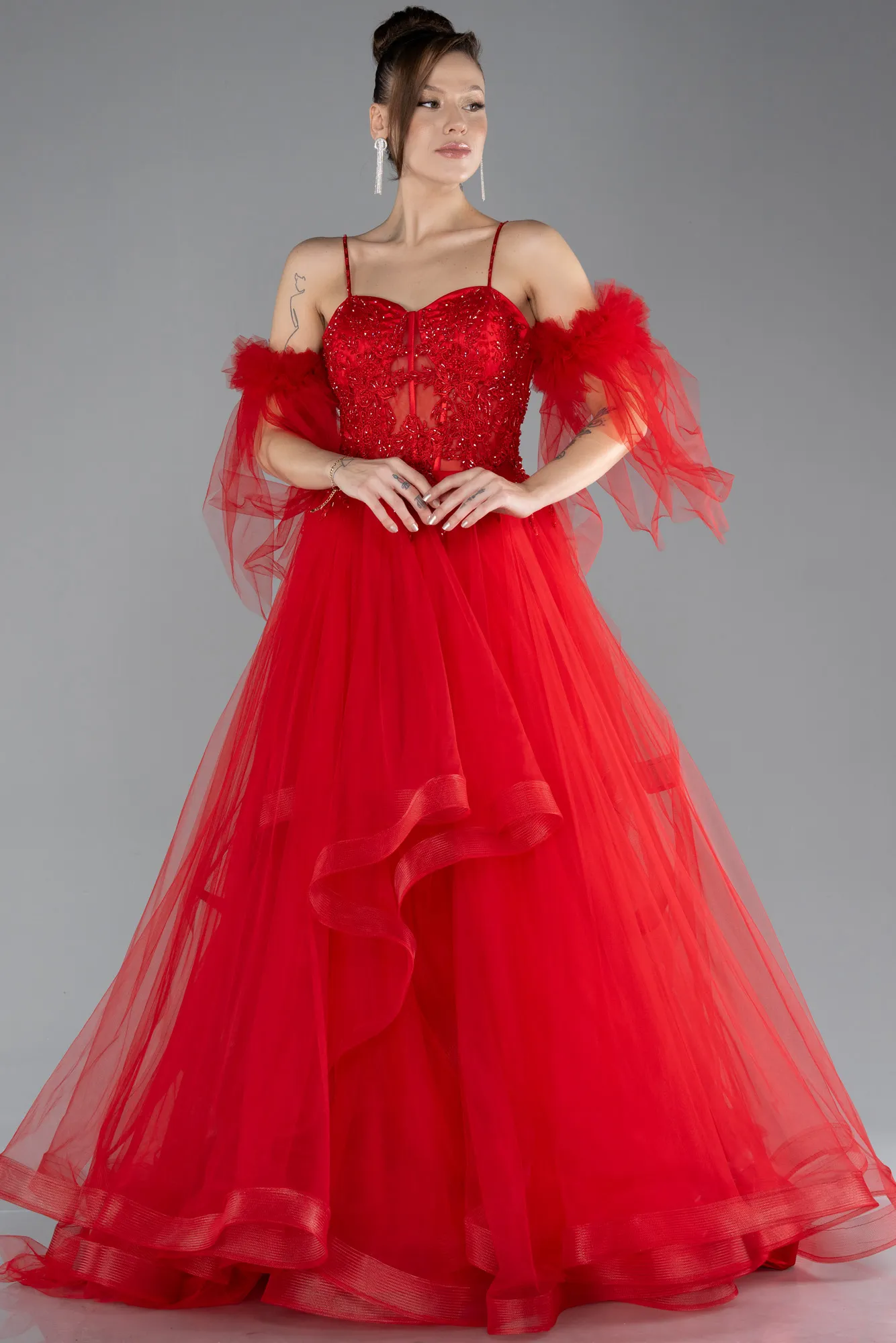 Red-Strappy Laced Long Tulle Prom Dress ABU4492