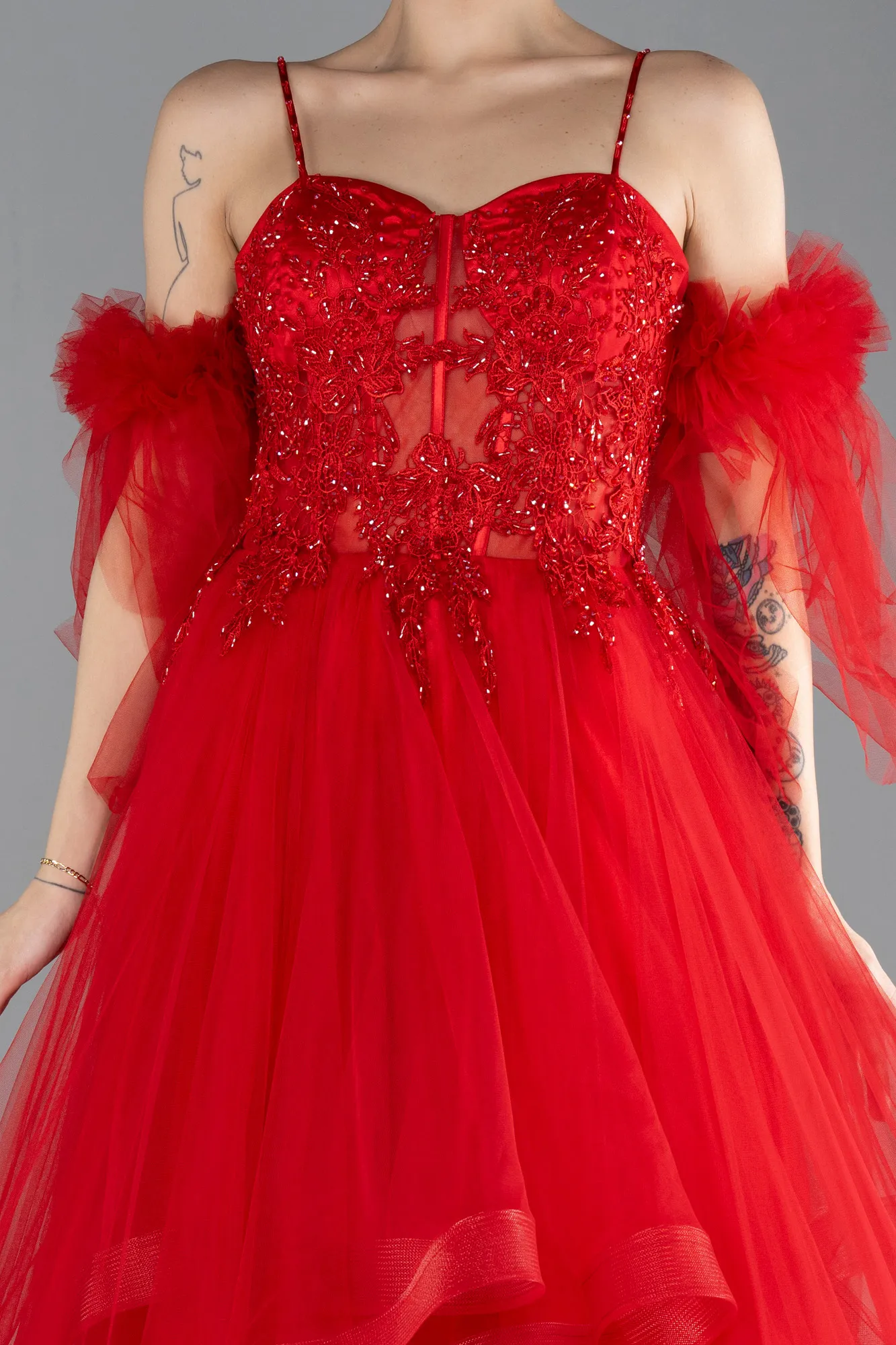 Red-Strappy Laced Long Tulle Prom Dress ABU4492