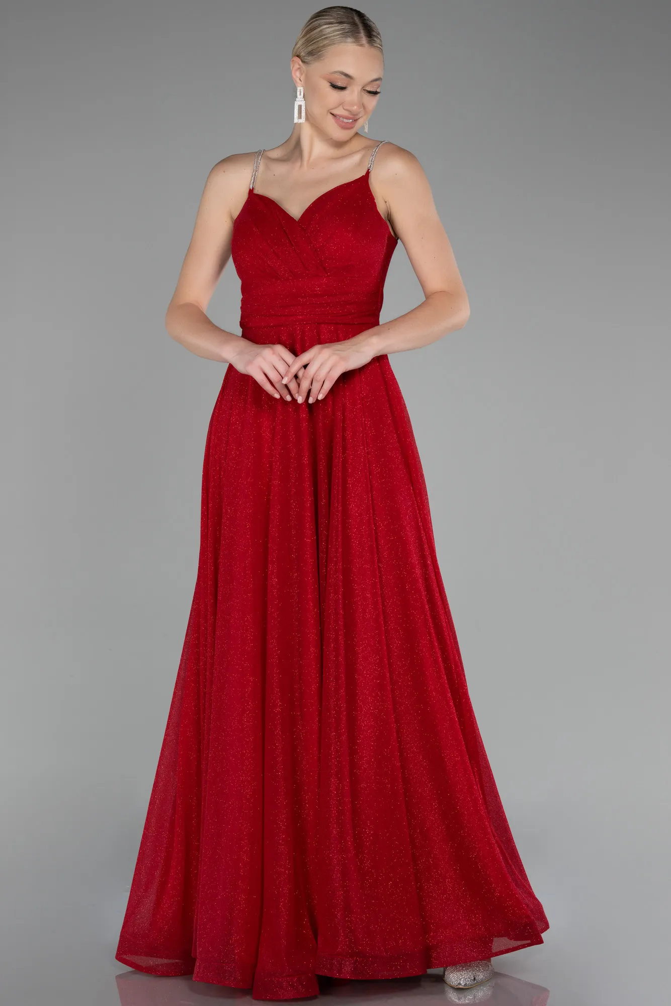 Red-Strappy Long Glitter Prom Dress ABU4183