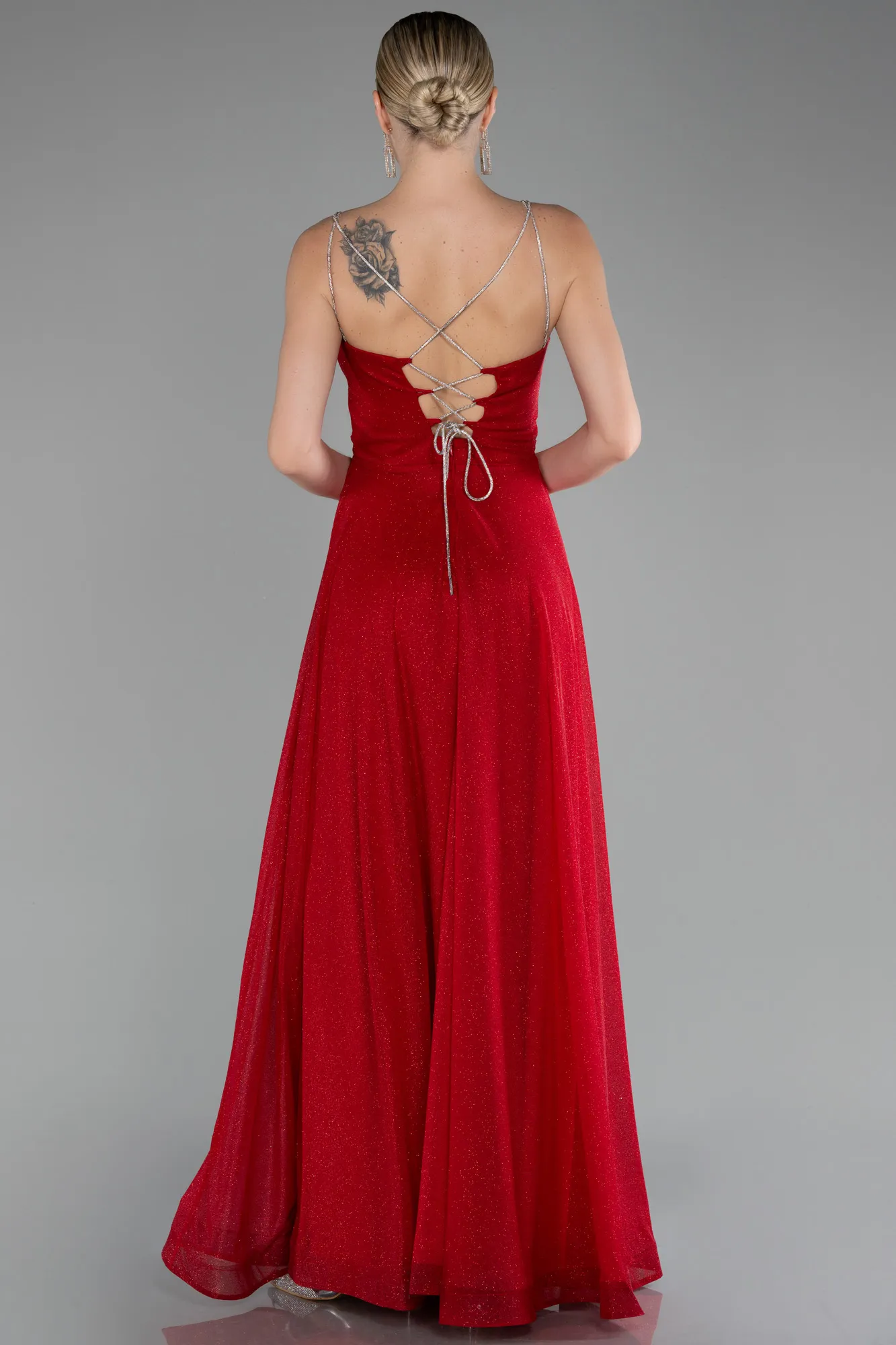 Red-Strappy Long Glitter Prom Dress ABU4183