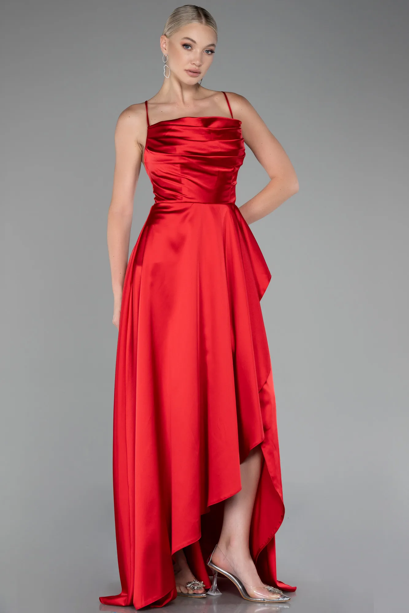 Red-Strappy Long Satin Prom Gown ABU4073