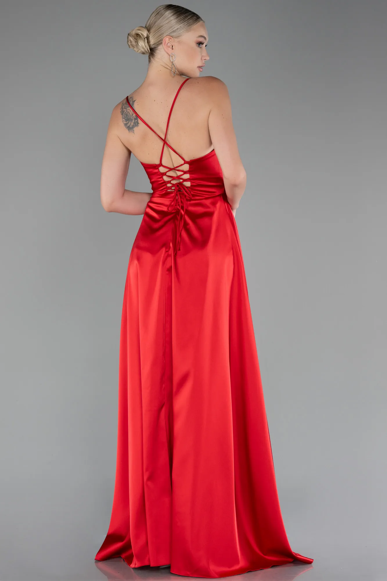 Red-Strappy Long Satin Prom Gown ABU4073