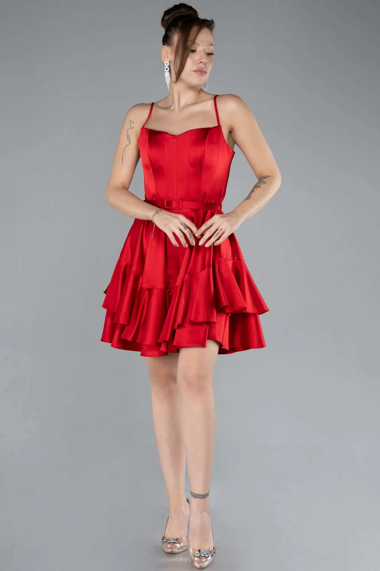 Red-Strappy Short Satin Cocktail Dress ABK2114