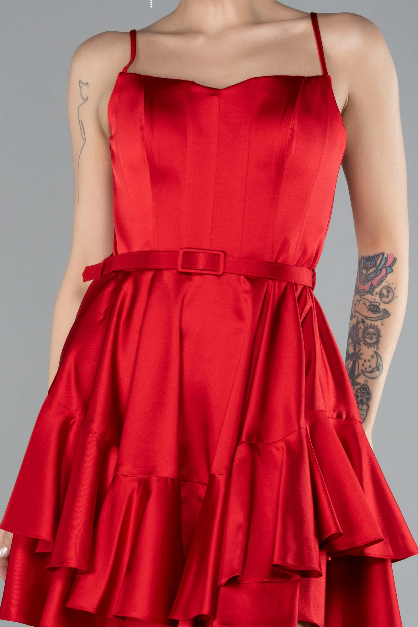 Red-Strappy Short Satin Cocktail Dress ABK2114