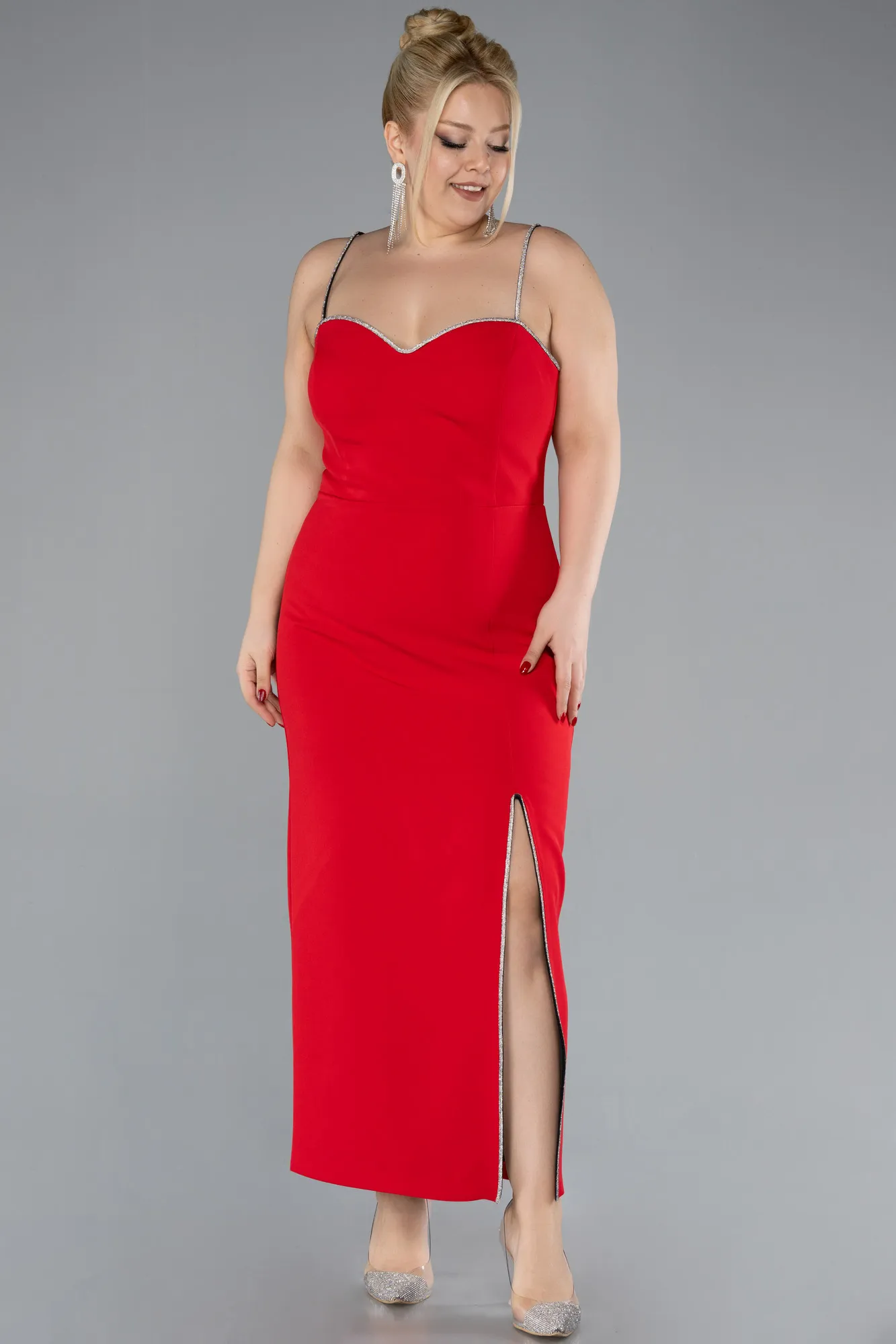 Red-Strappy Slit Midi Plus Size Cocktail Dress ABK2192