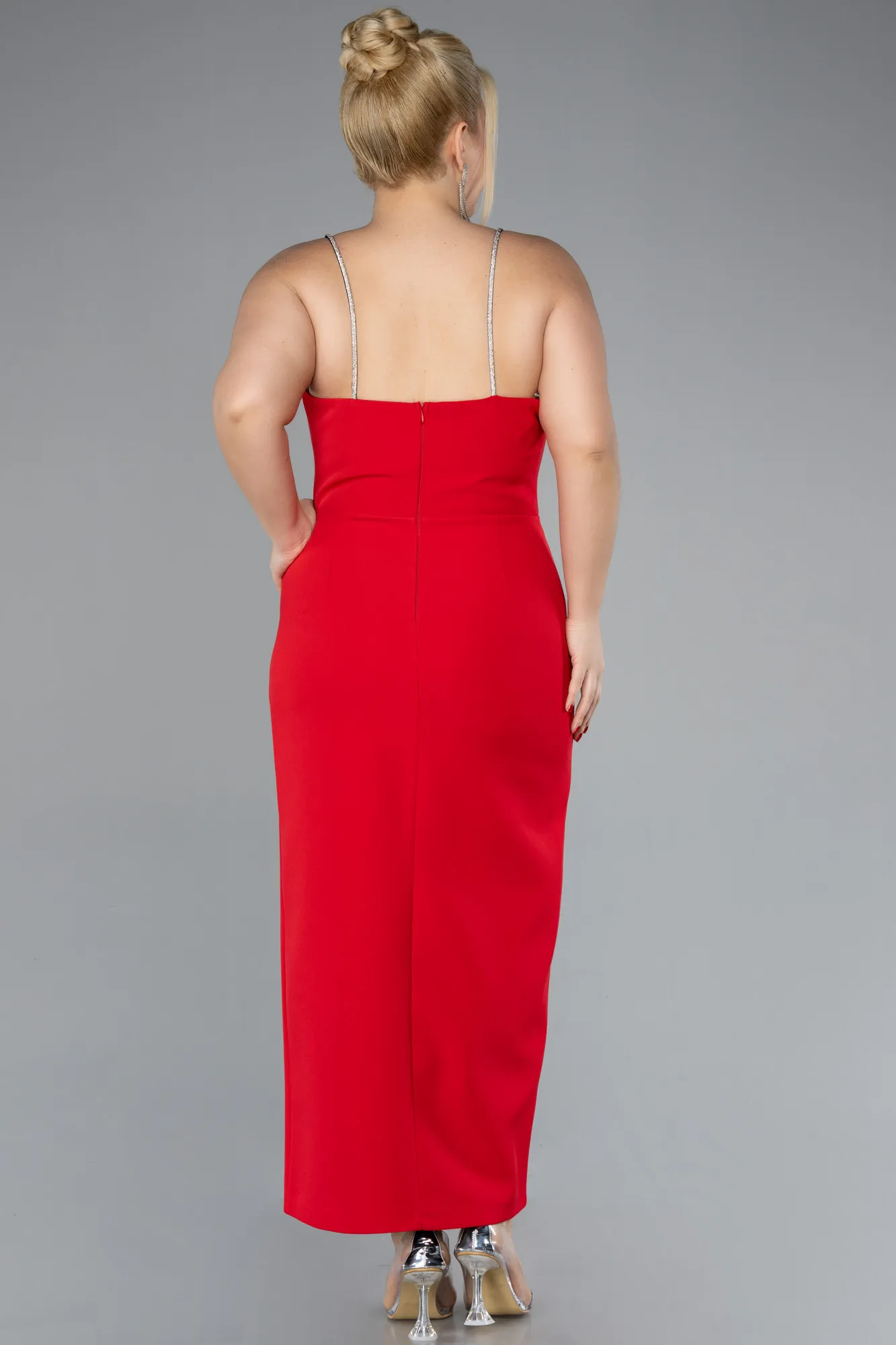 Red-Strappy Slit Midi Plus Size Cocktail Dress ABK2192