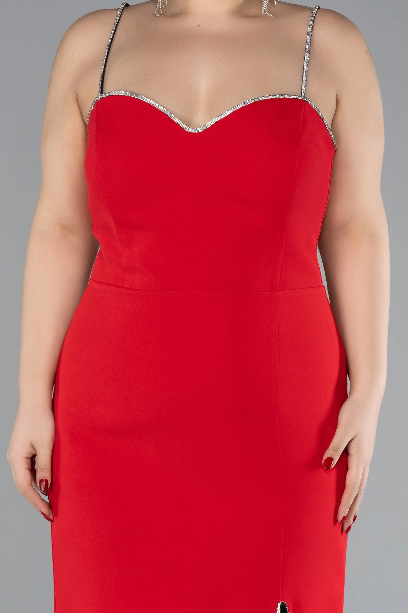 Red-Strappy Slit Midi Plus Size Cocktail Dress ABK2192