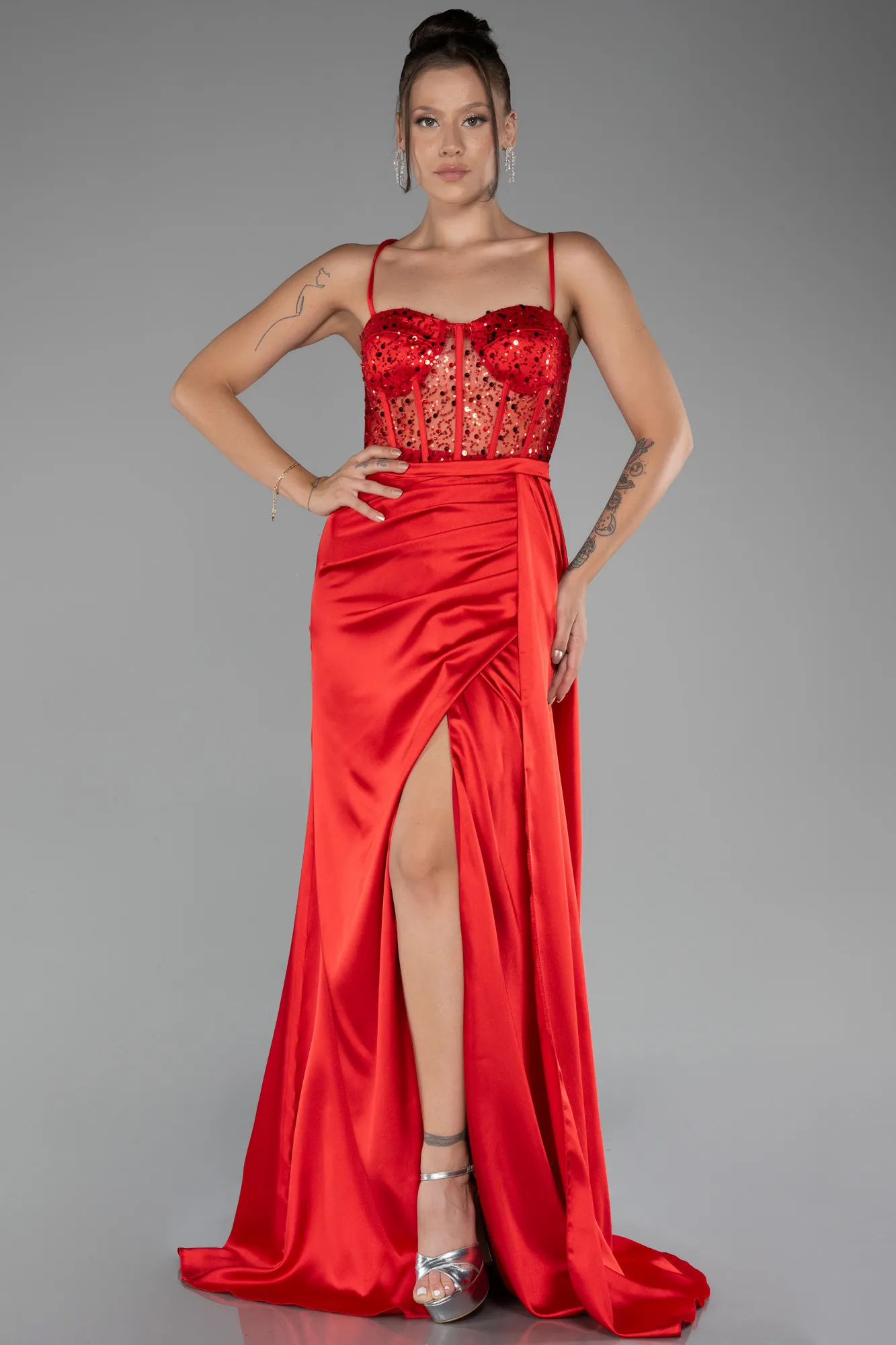 Red-Underwire On Top Slit Long Satin Eevning Gown ABU4090