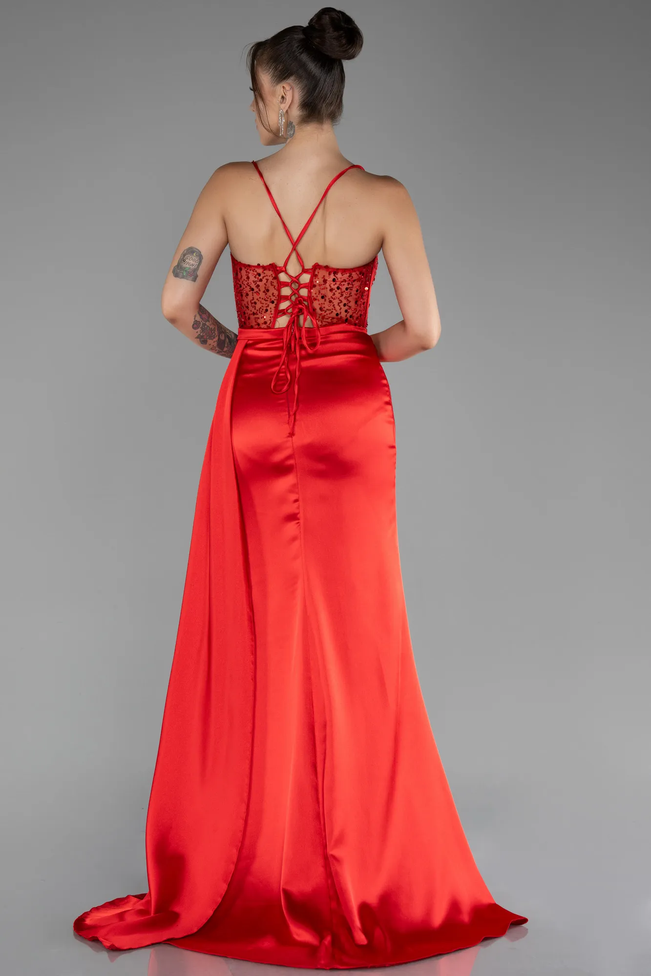 Red-Underwire On Top Slit Long Satin Eevning Gown ABU4090