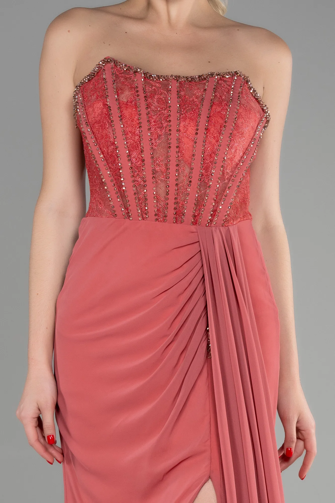 Rose Colored-Long Chiffon Evening Dress ABU3333