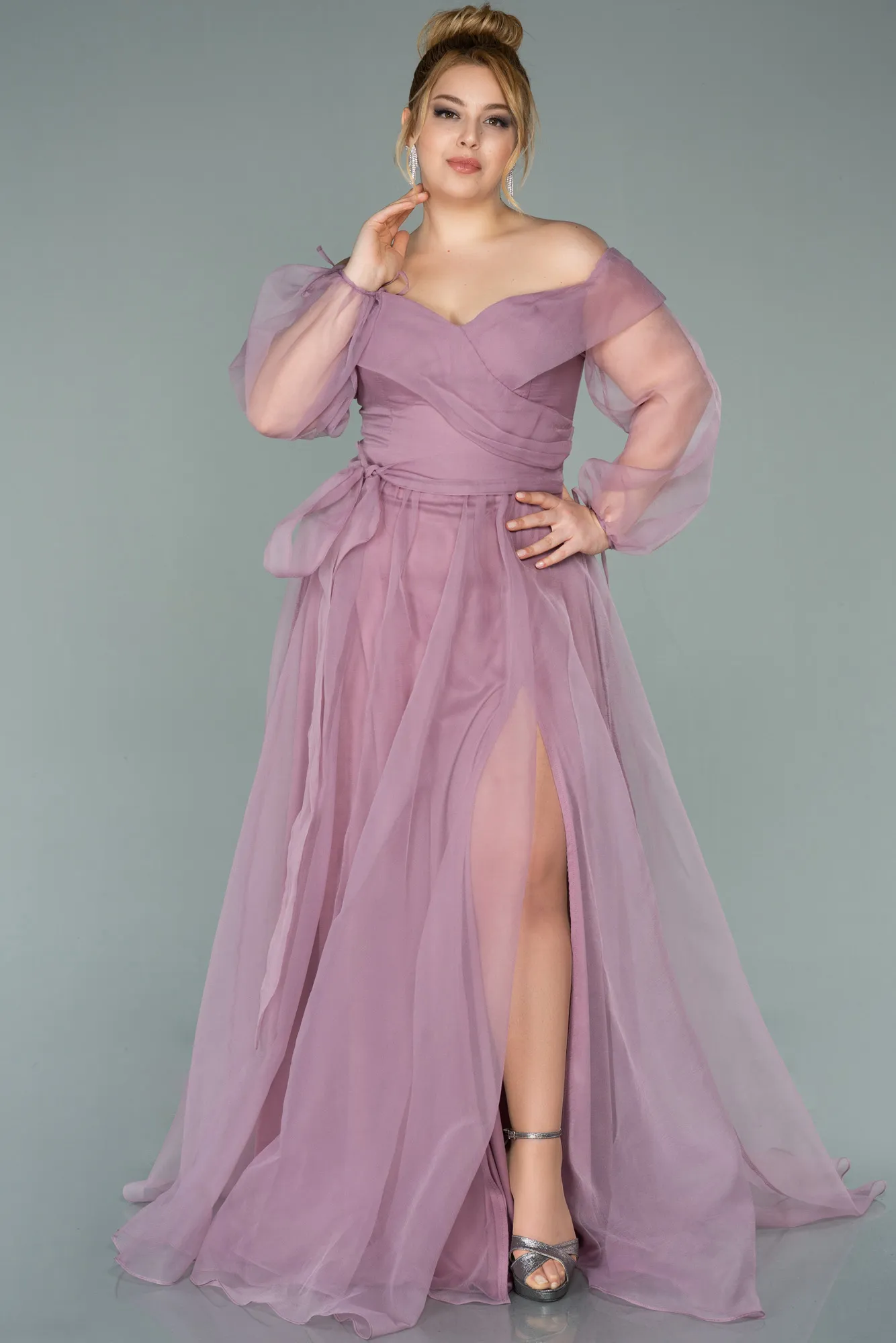 Rose Colored-Long Oversized Evening Dress ABU1535